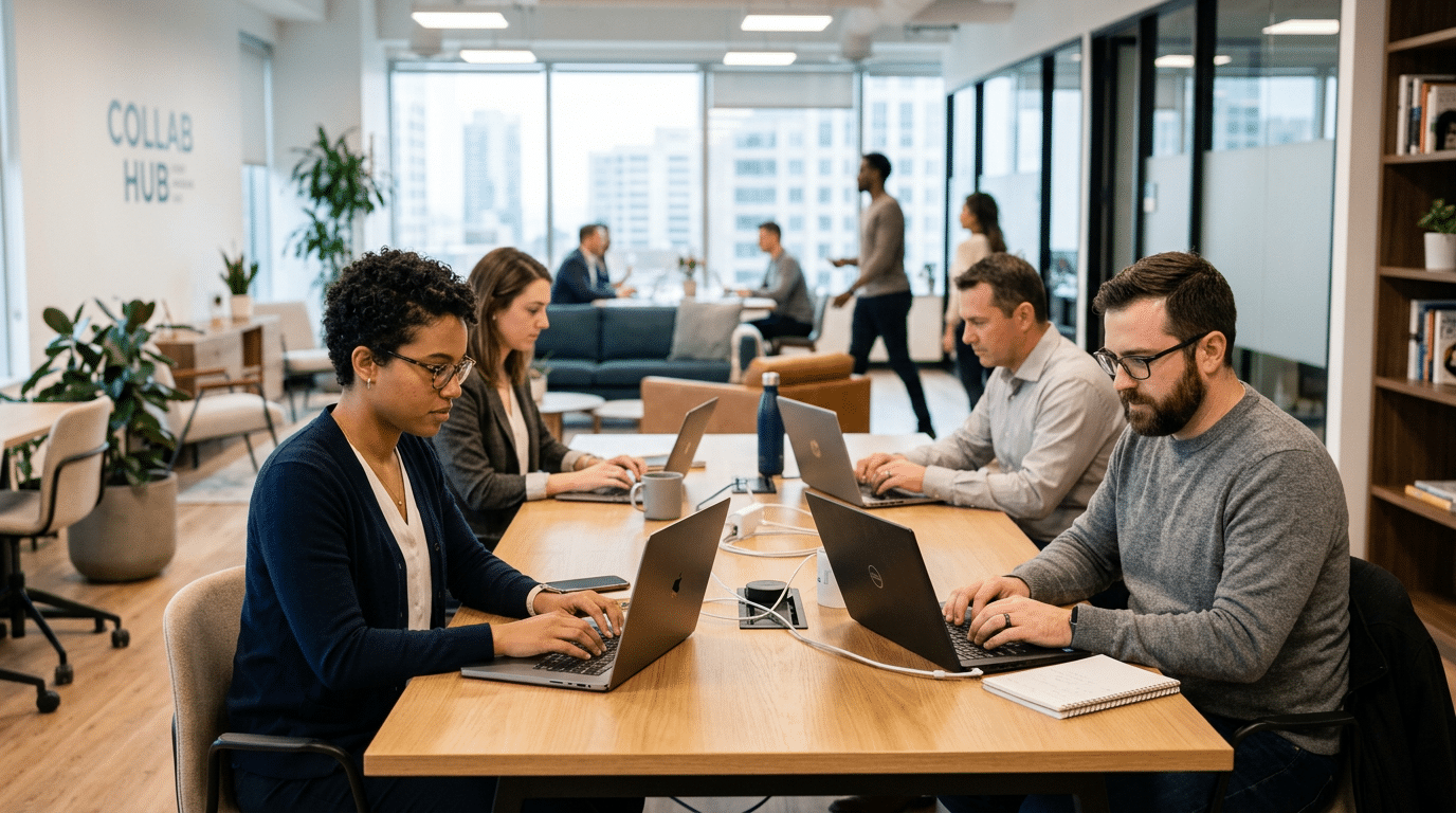 coworkers working on laptops together at a shared office table while colleagues collaborate and meet in a bright modern workspace