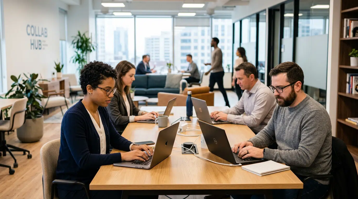 coworkers working on laptops together at a shared office table while colleagues collaborate and meet in a bright modern workspace