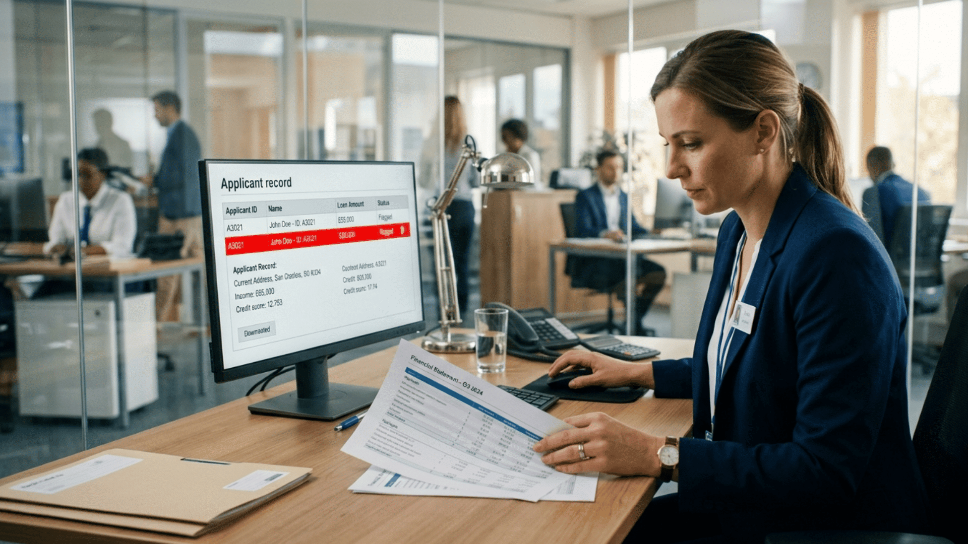 credit clerk reviewing a loan application file and financial records at a bank desk