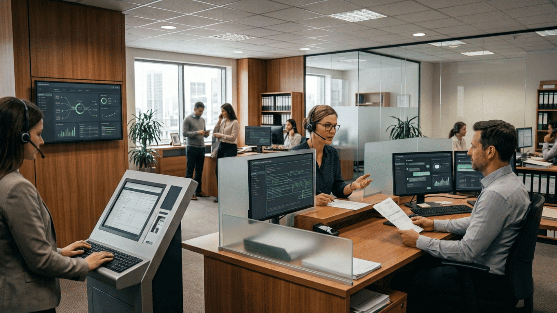 customer service worker handling a difficult support call beside an ai chat support screen