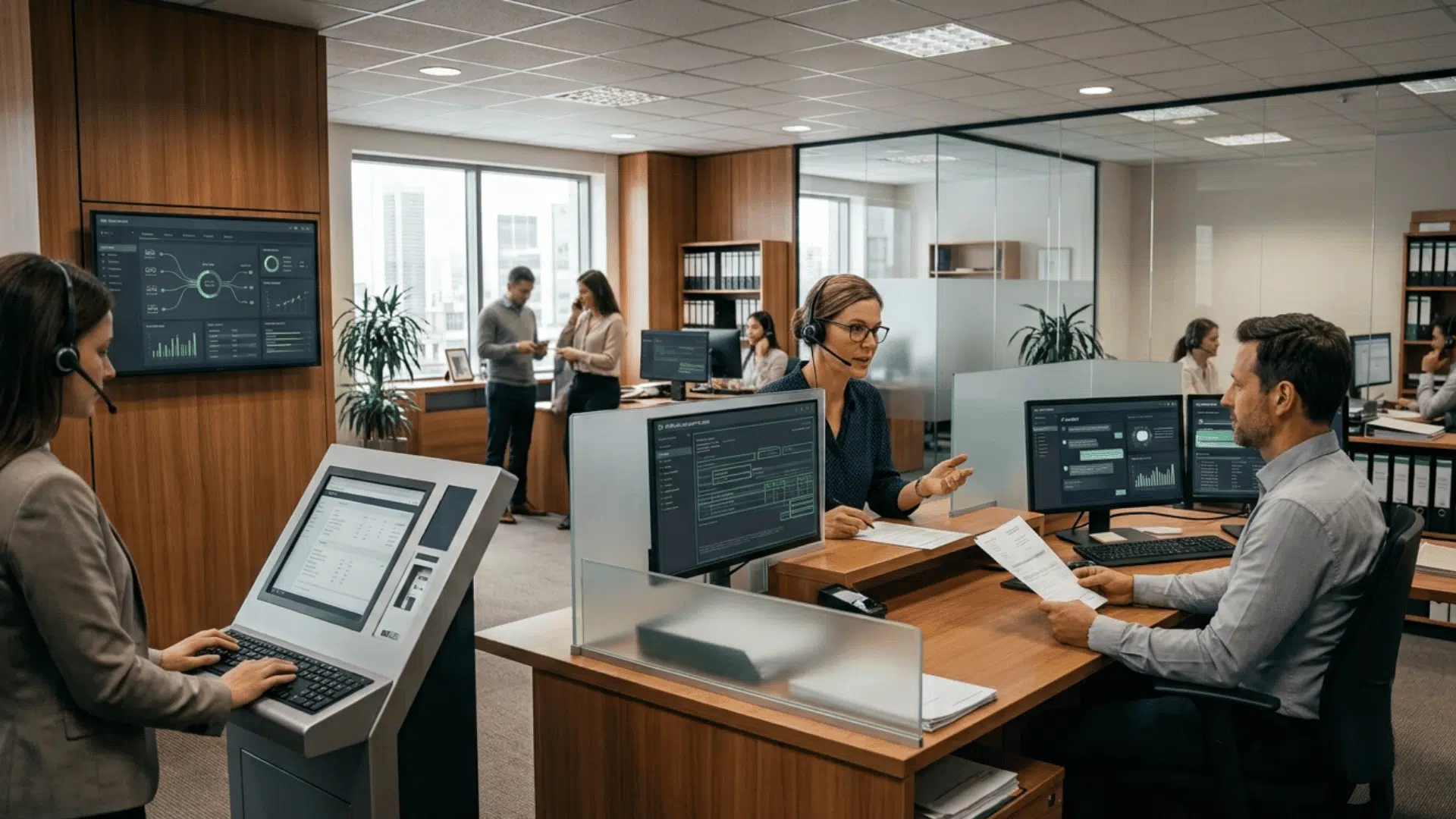 customer service worker handling a difficult support call beside an ai chat support screen