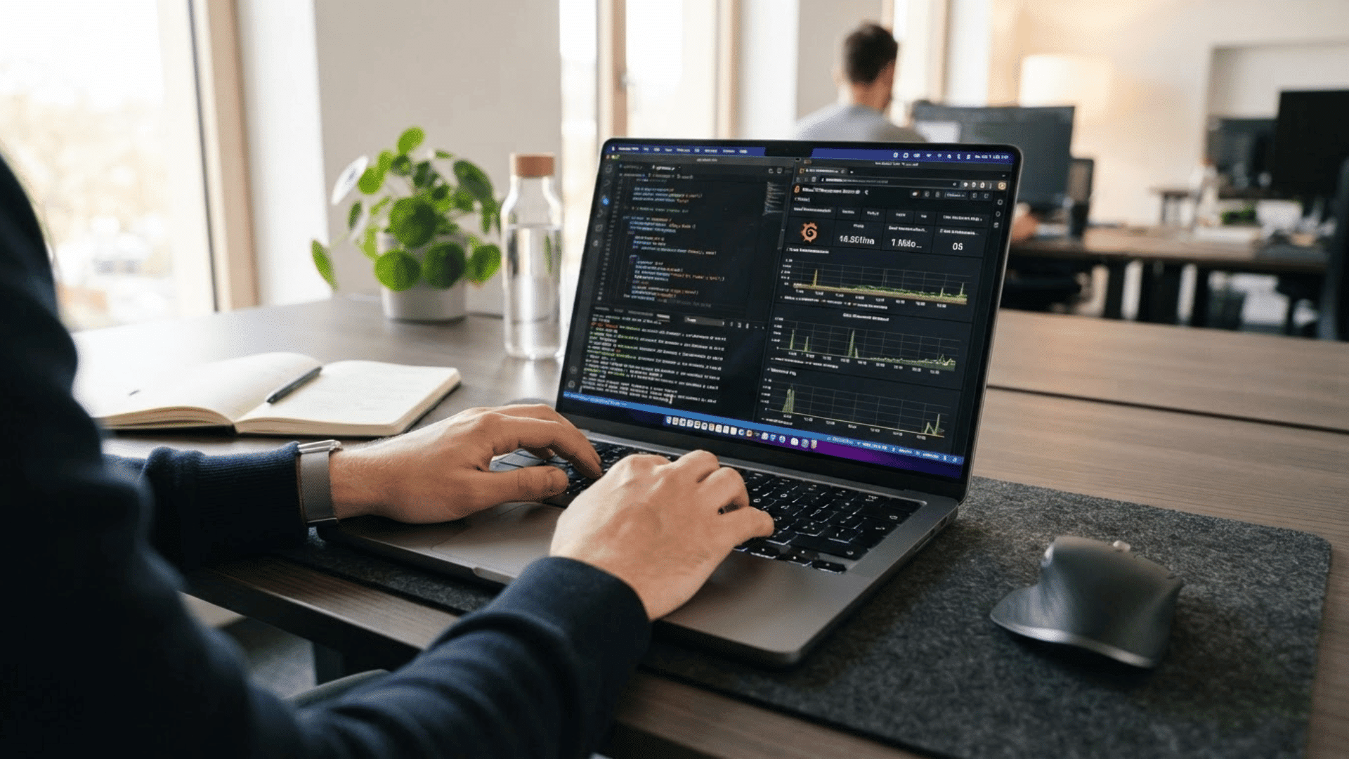 it professional monitors network performance and system data on a laptop in a modern office