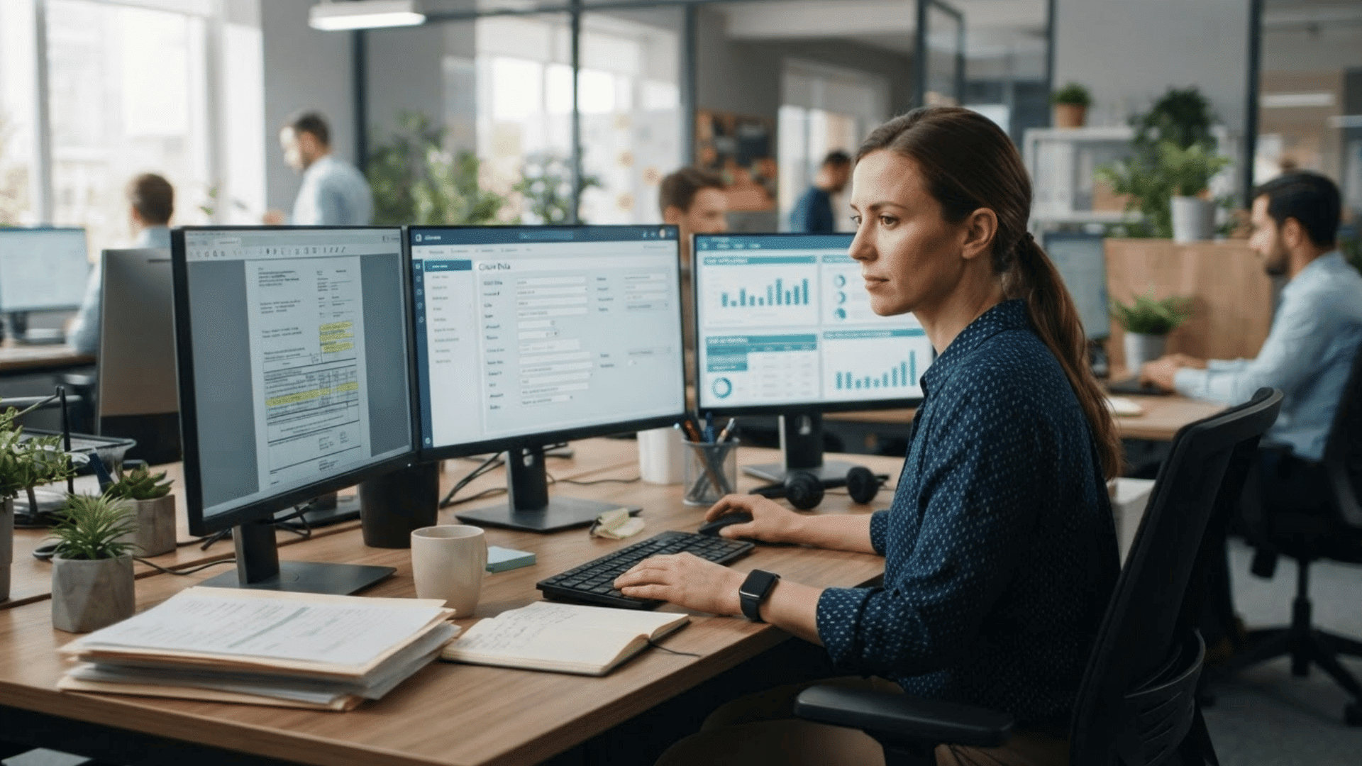 data entry clerk reviews digital records as ai software processes forms on office computer