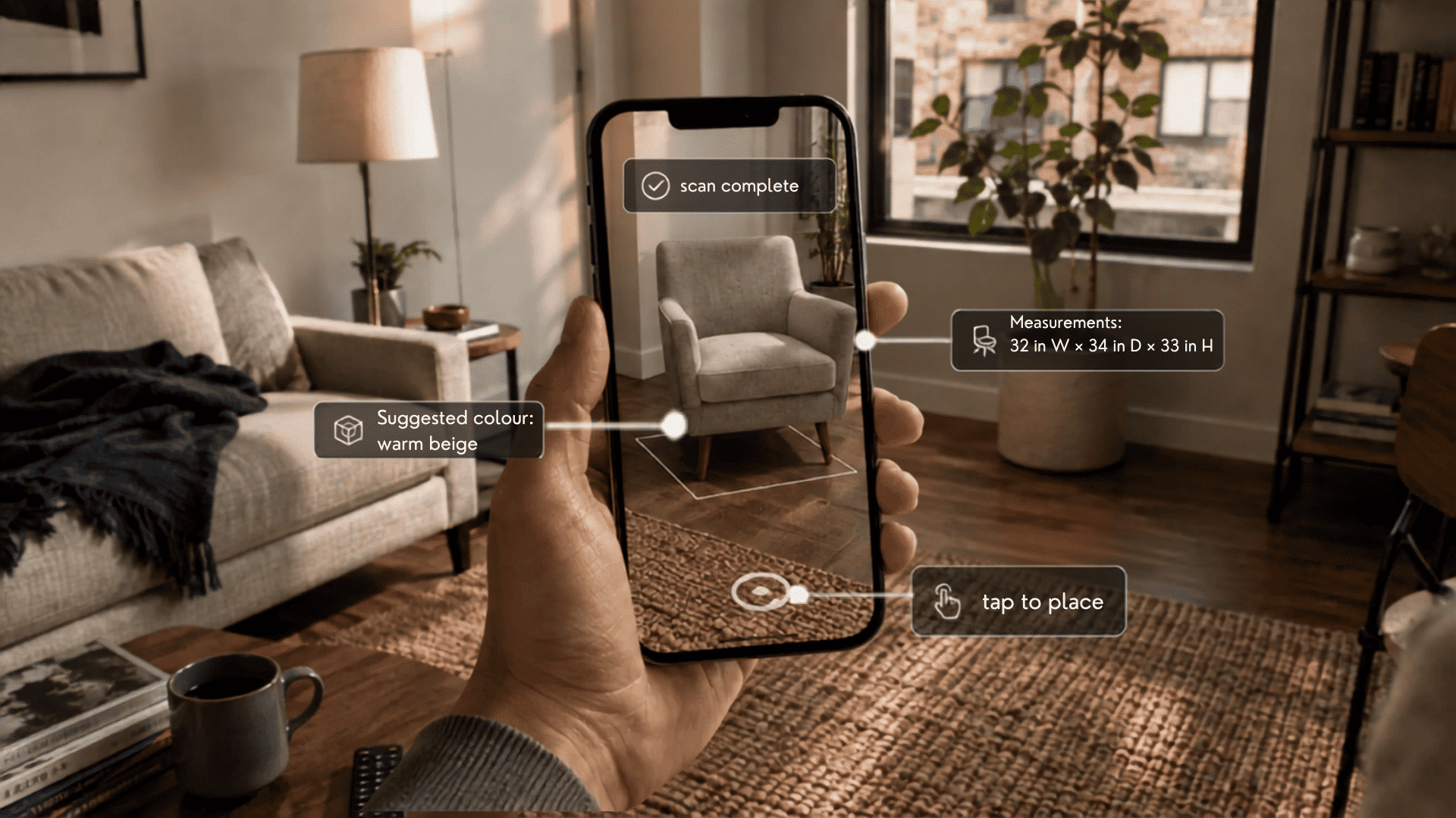 hand holding a smartphone placing and checking an ar chair in a living room after completing the scan