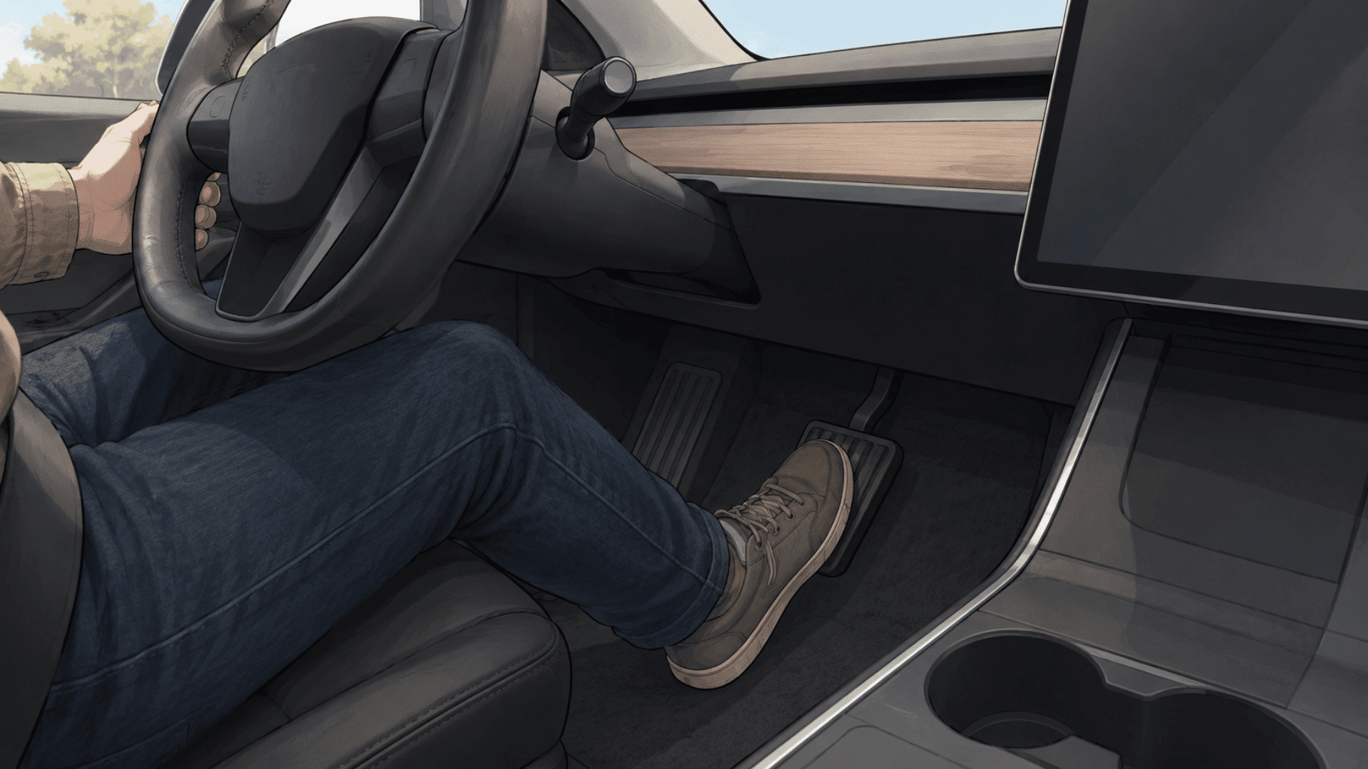driver presses the accelerator pedal inside a modern electric car to request more motor power