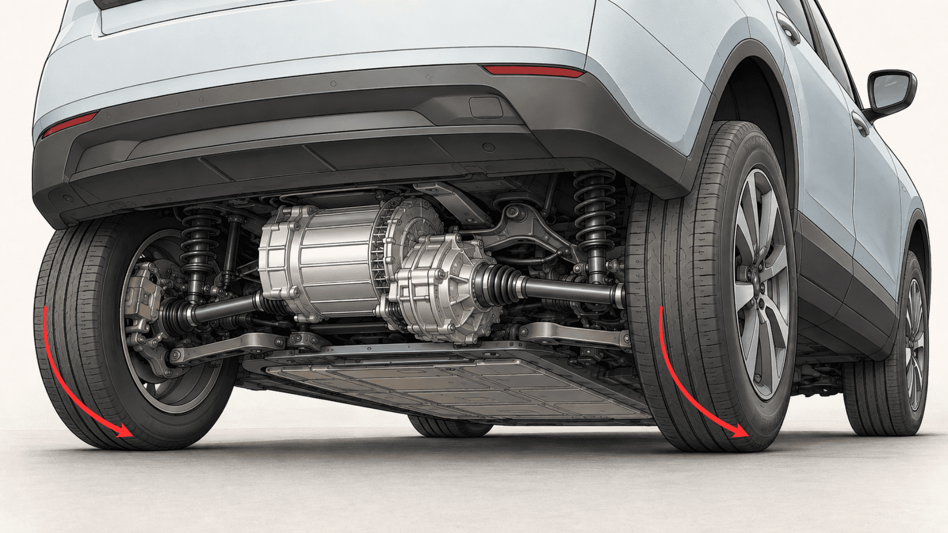 electric car drivetrain showing the motor reduction gear and axle transferring power to the wheels