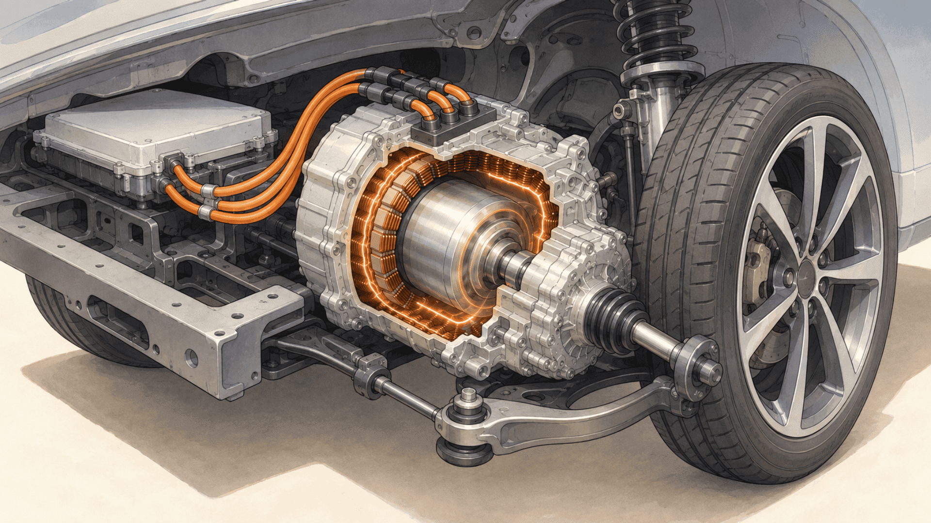 electric motor cutaway showing electrical energy being converted into rotation to drive the vehicle