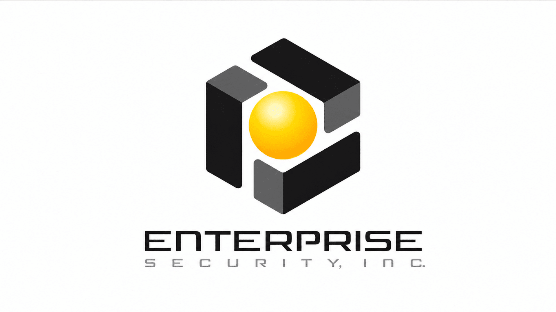 enterprise security inc logo with black geometric cube and yellow sphere on a clean white background