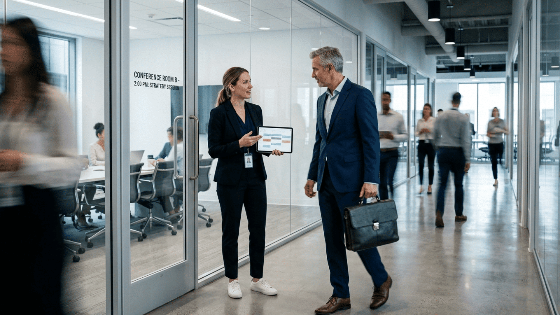 executive assistant holding a tablet calendar while speaking with an executive at work