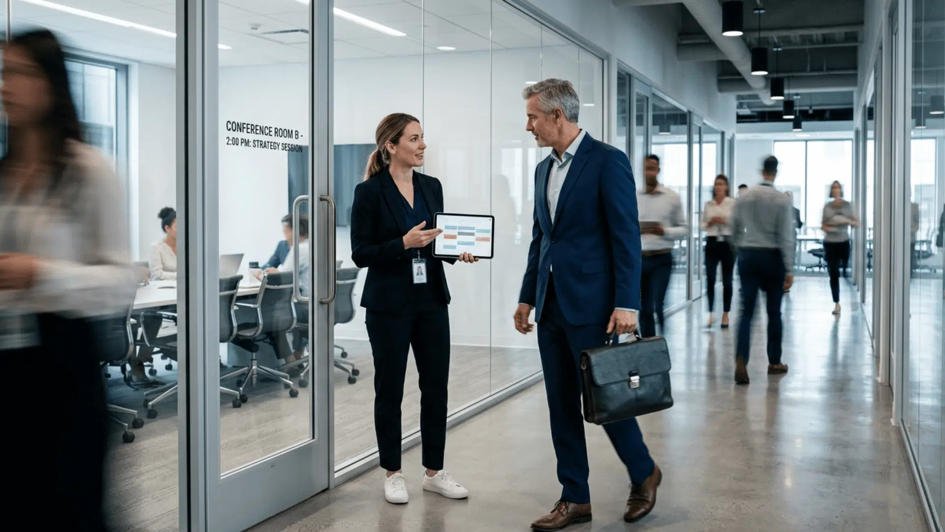 executive assistant holding a tablet calendar while speaking with an executive at work