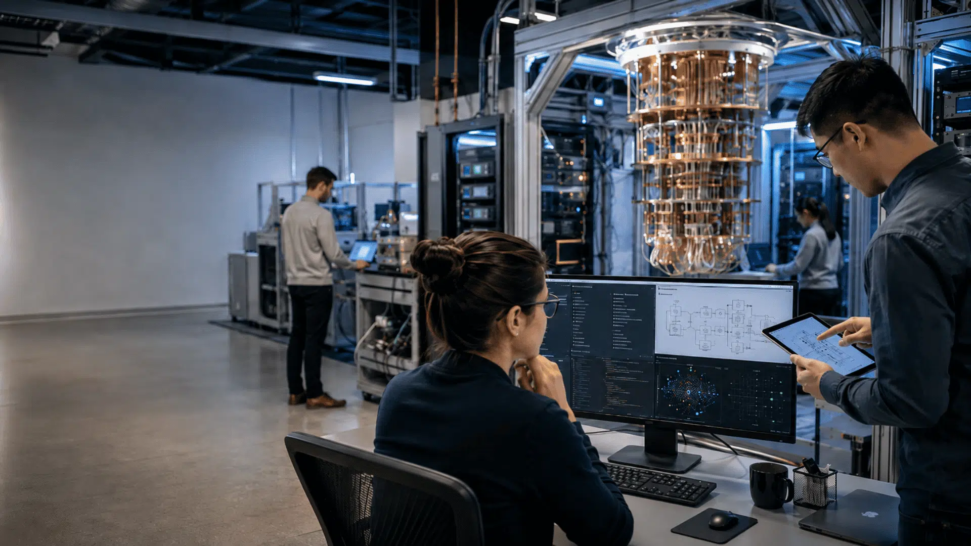 technology professionals working beside advanced quantum computing equipment