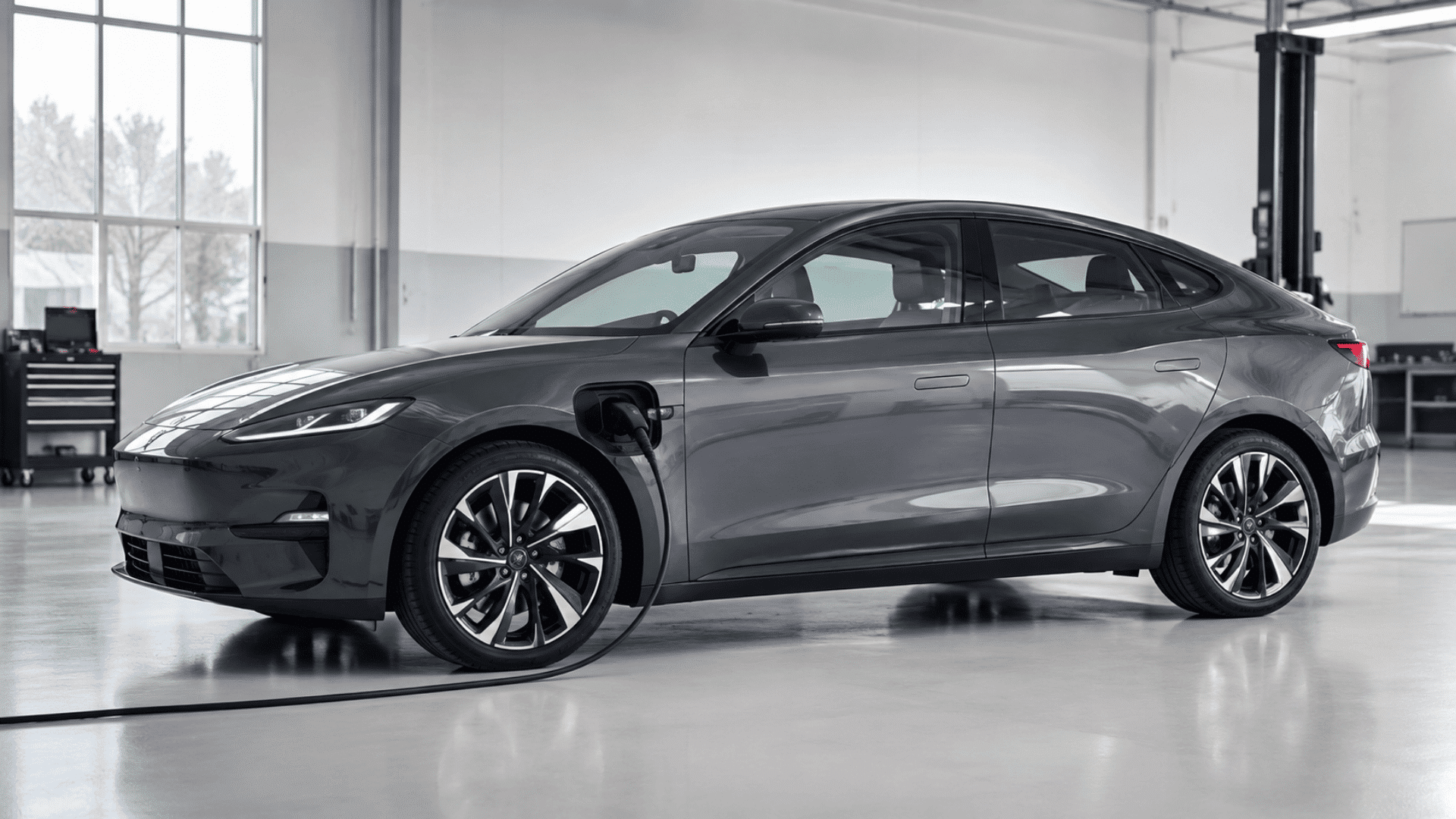 modern electric car connected to a charger showing how an electric car works during charging and operation