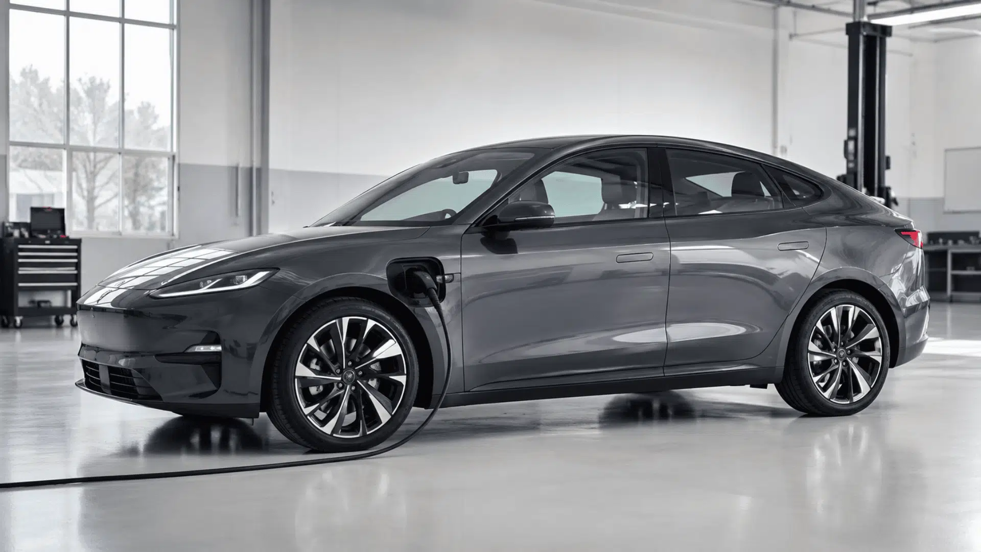 modern electric car connected to a charger showing how an electric car works during charging and operation