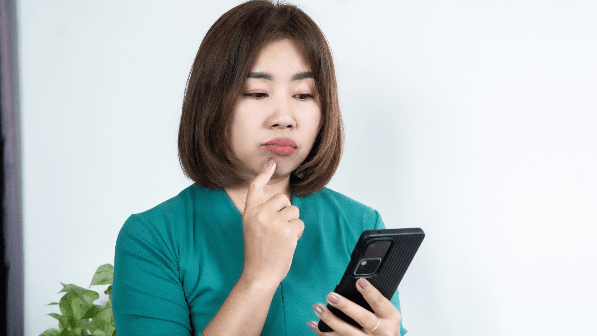 woman looking thoughtfully at a smartphone while deciding how to proceed with an augmented reality app