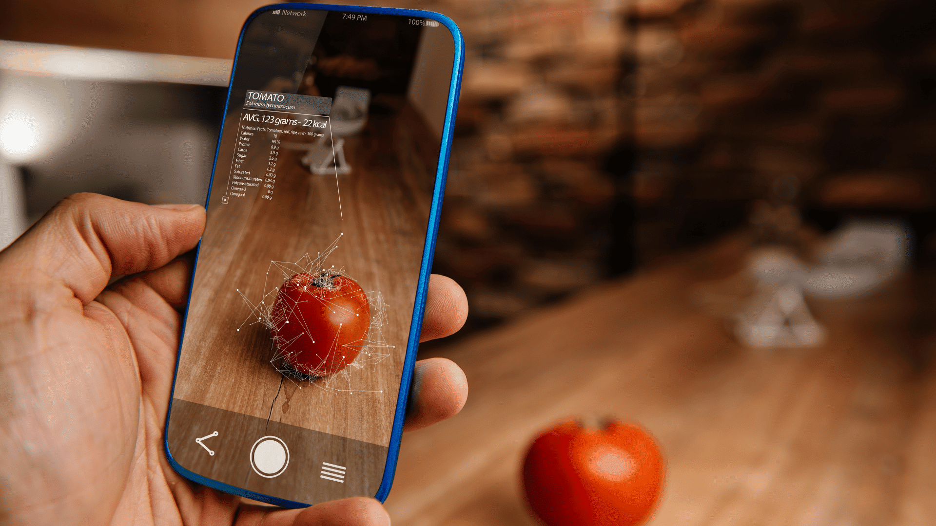 hand holding smartphone using augmented reality to scan a tomato and display nutrition information