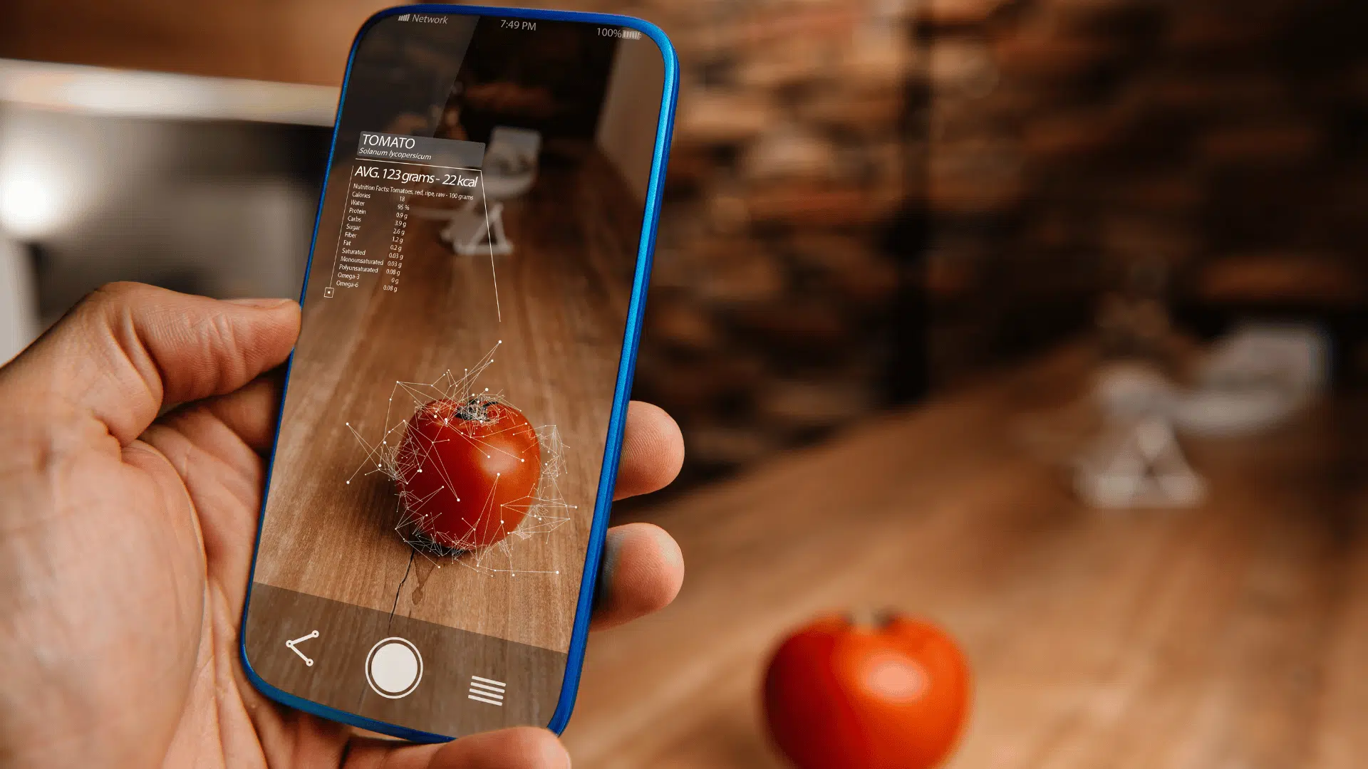 hand holding smartphone using augmented reality to scan a tomato and display nutrition information
