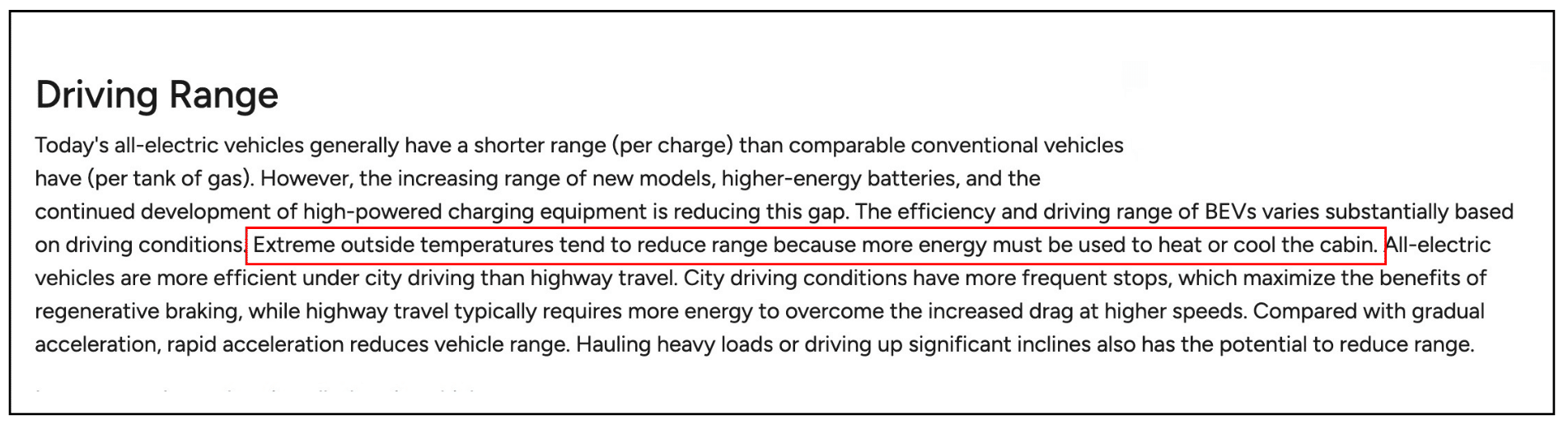 afdc webpage highlighting how extreme outside temperatures can reduce electric vehicle driving range