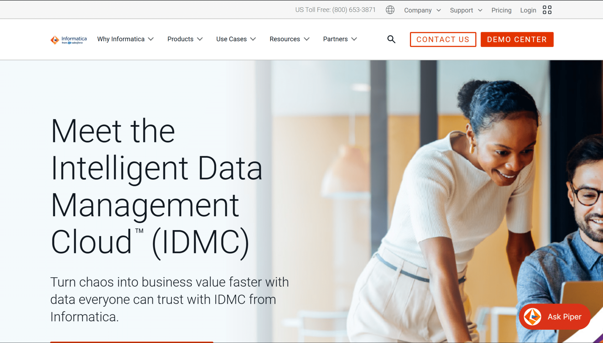 informatica intelligent data management cloud webpage showing data solutions with team collaboration and business tools