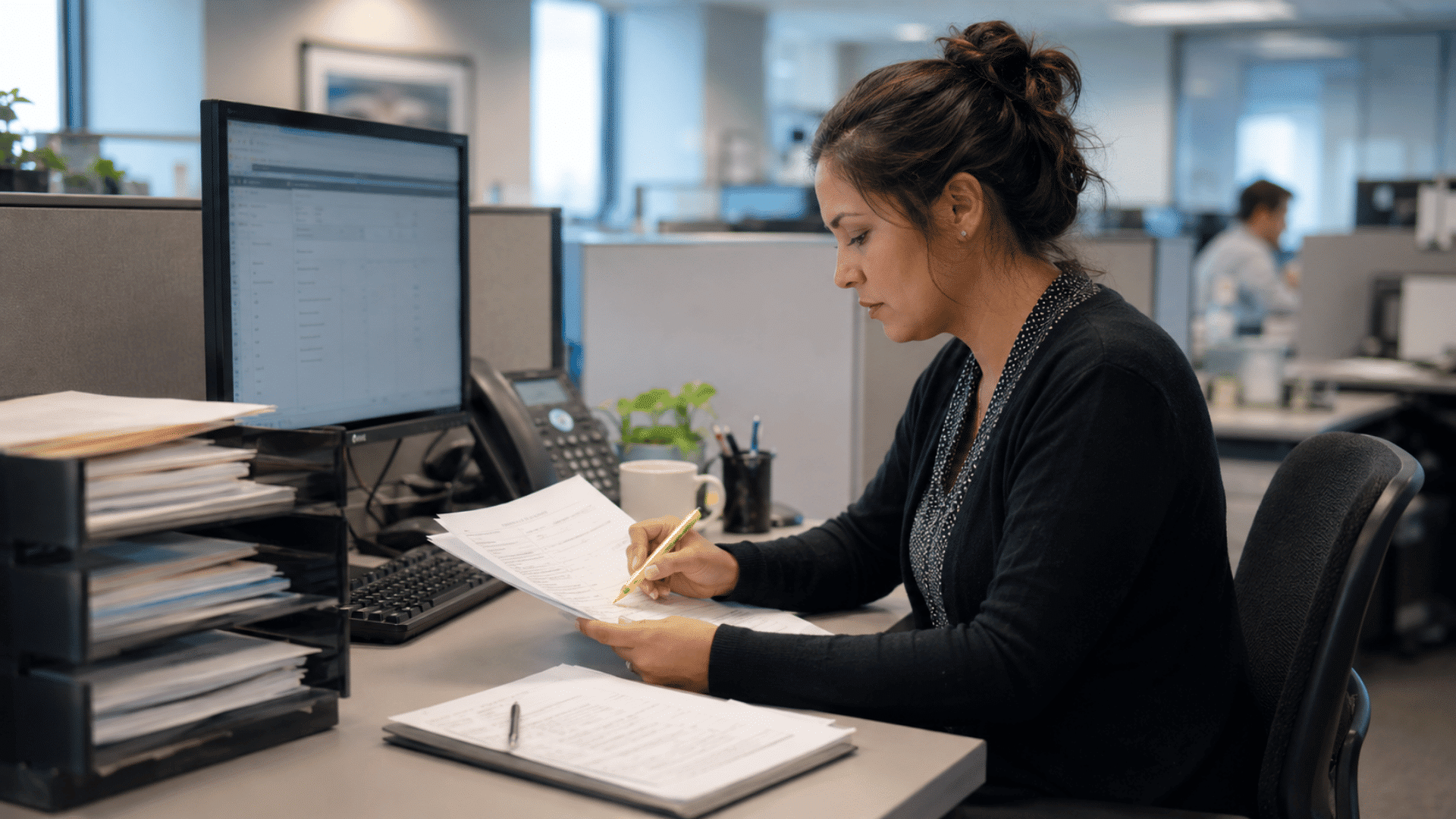 underwriting support worker checking an insurance application against policy records