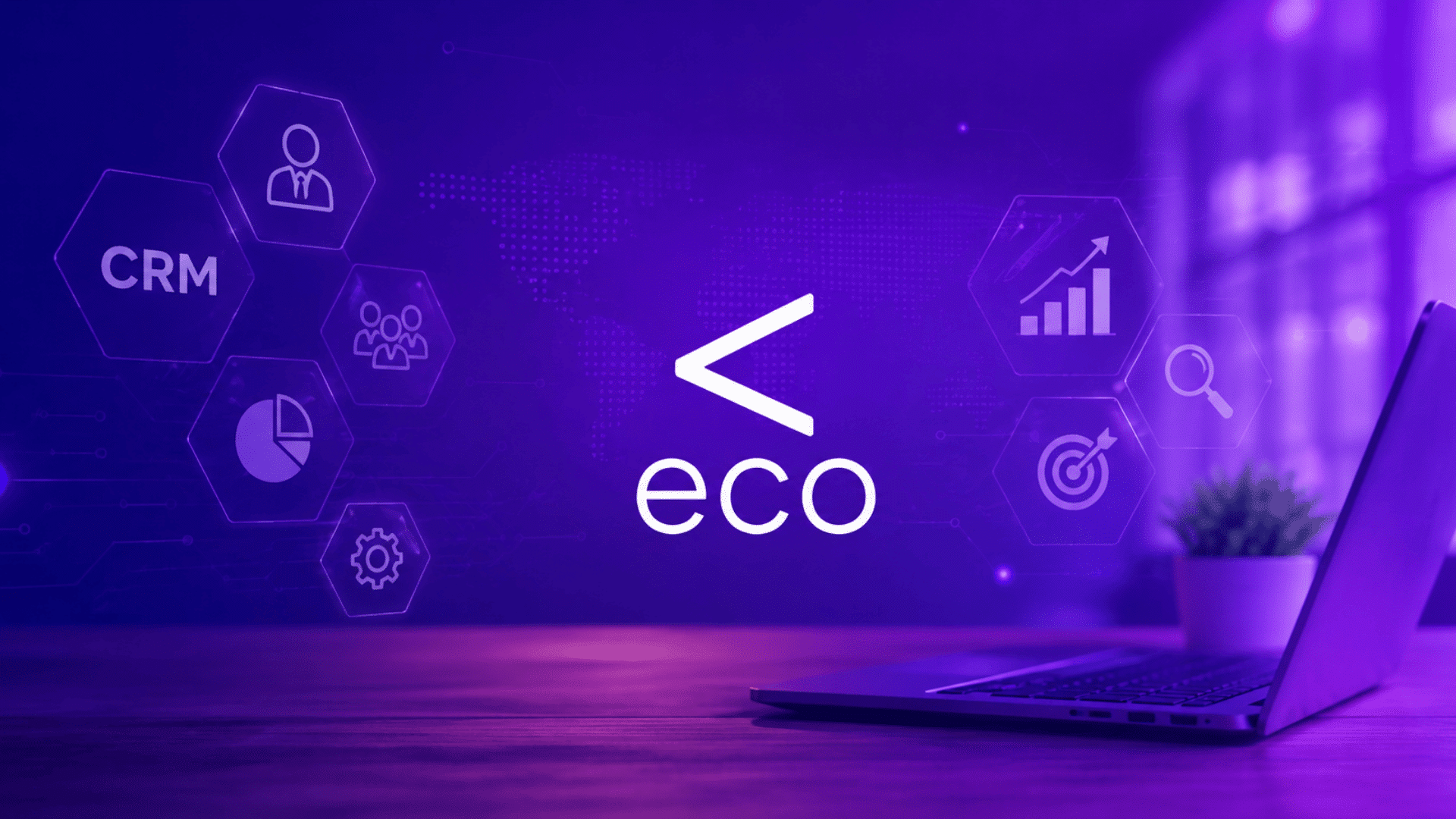 purple eco crm dashboard graphic with laptop analytics icons and digital business displays