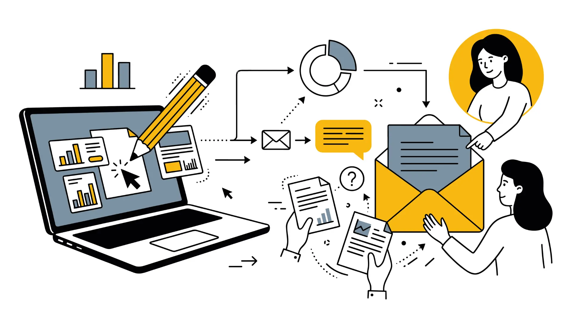 workflow illustration with laptop email documents charts and two people