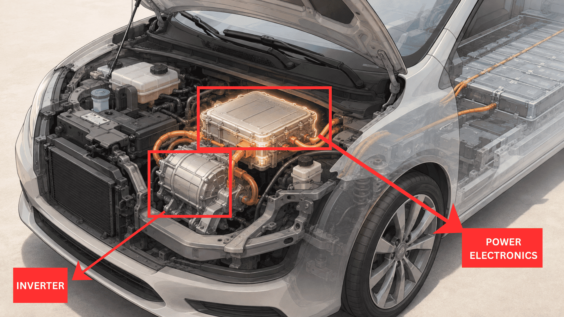 electric car cutaway showing the inverter and power electronics managing electricity for the motor