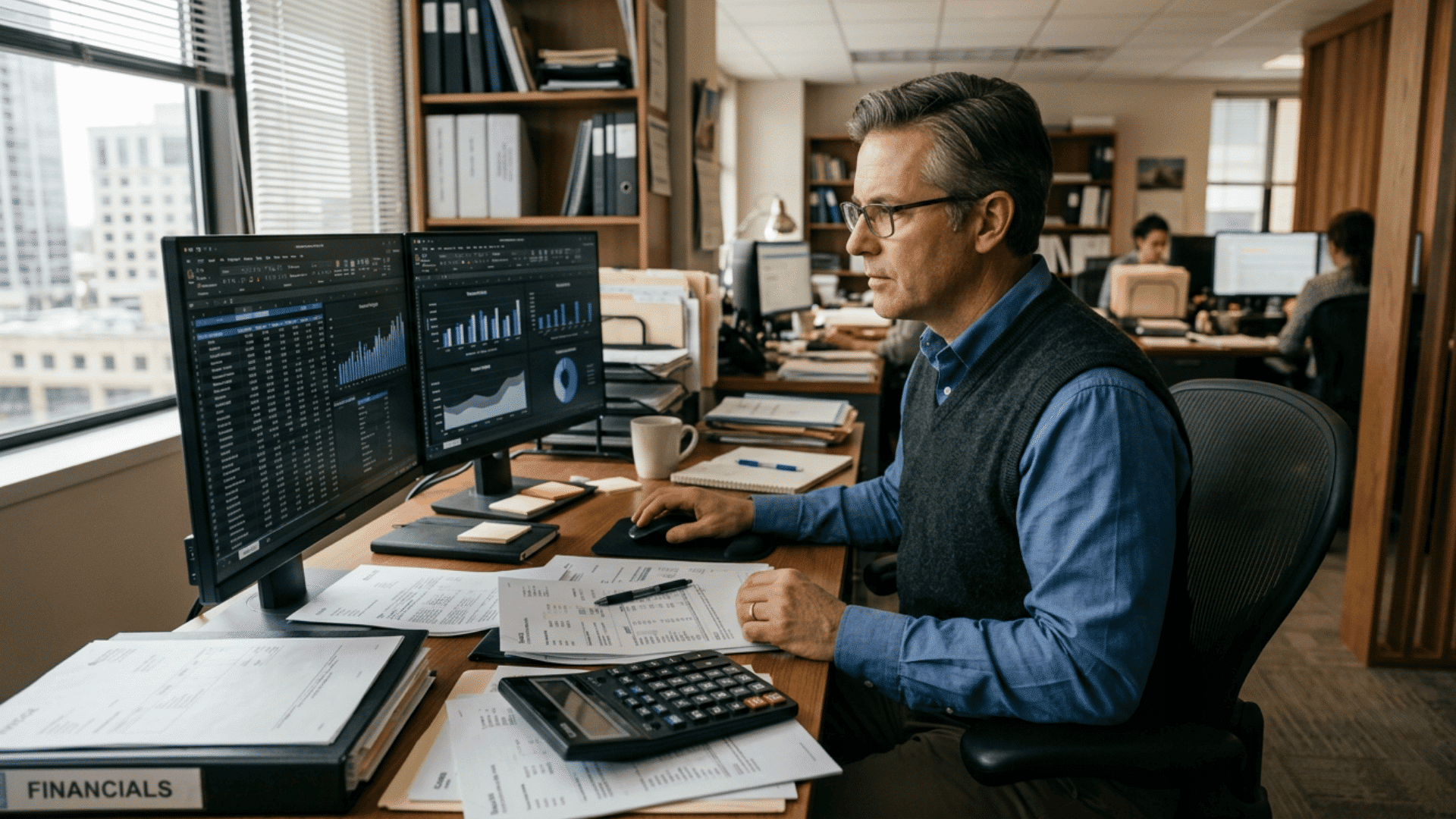 financial accountant checking financial data and ai assisted records at a dark workstation