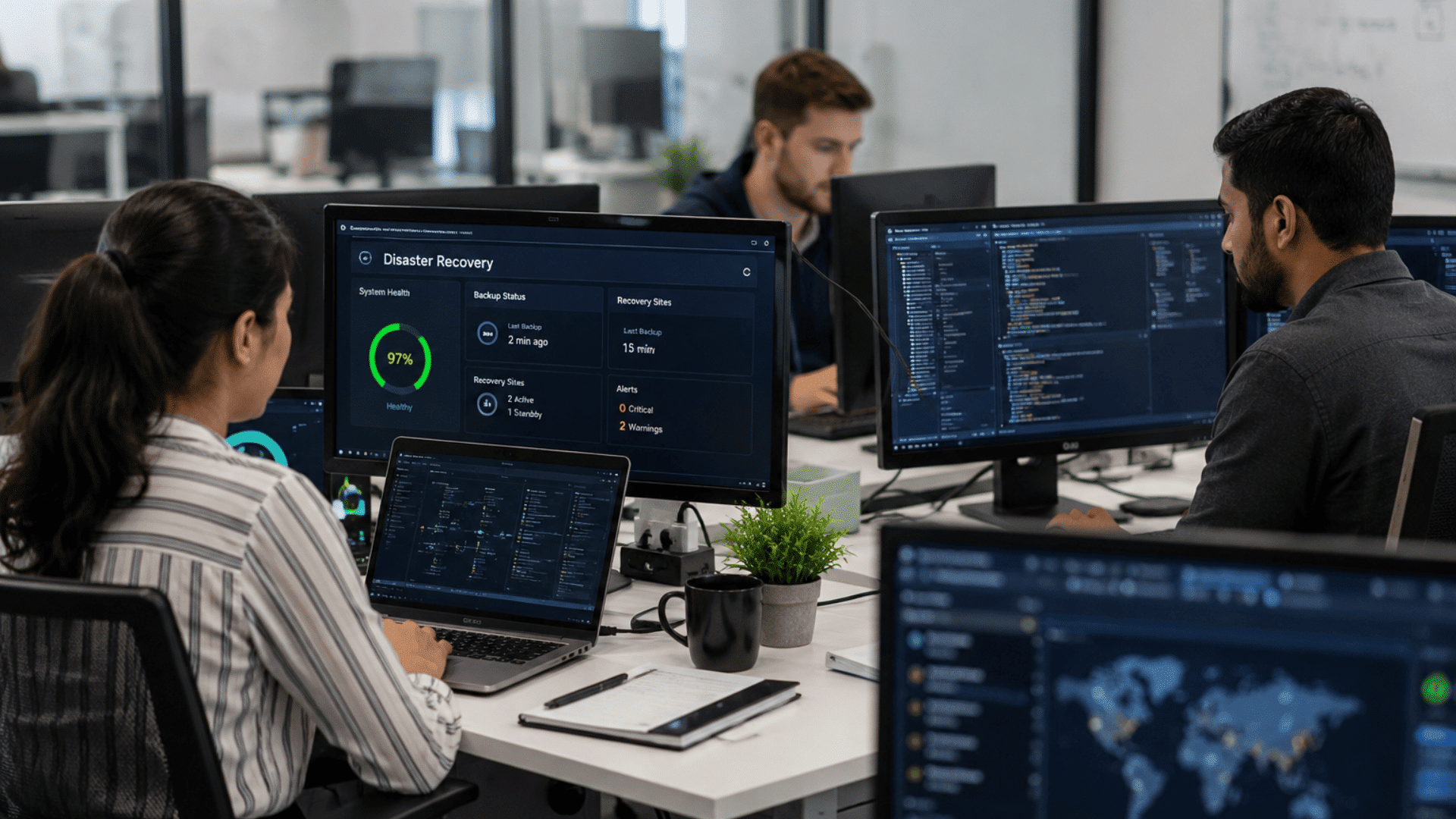 it professionals monitoring disaster recovery dashboards plan backup status and system recovery data