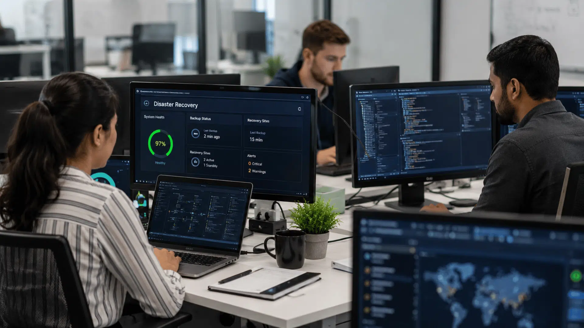 it professionals monitoring disaster recovery dashboards plan backup status and system recovery data