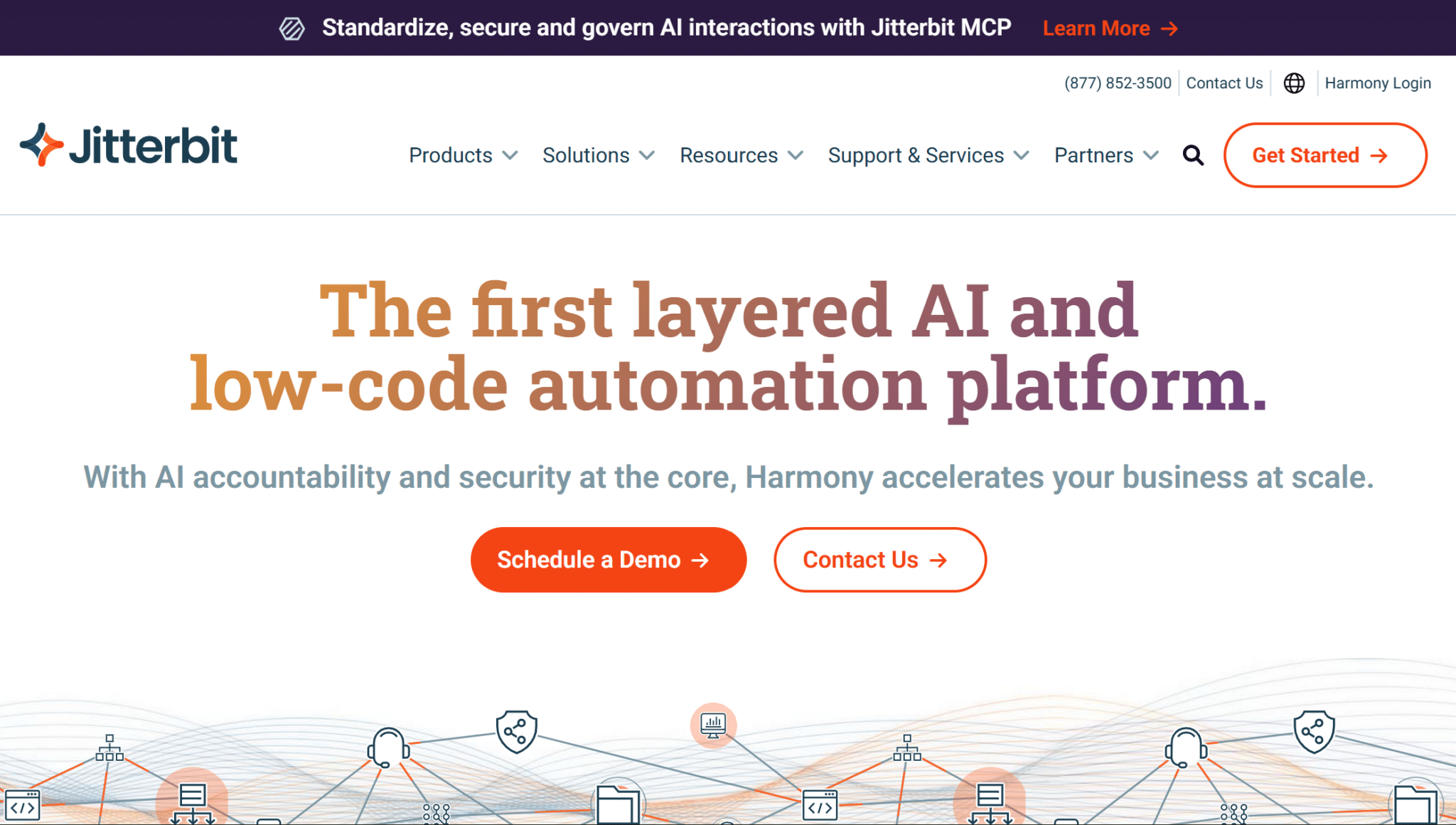 jitterbit automation platform webpage showing ai integration low code workflows and enterprise automation solutions