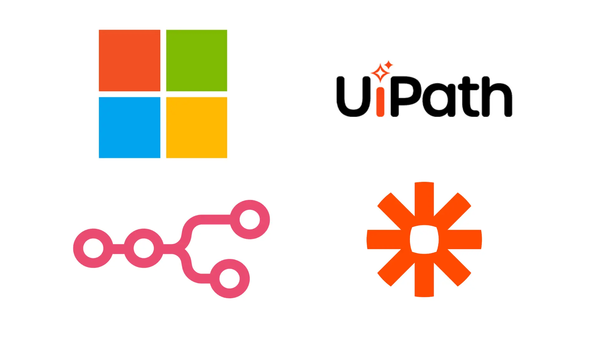 microsoft uipath workflow and zapier logos arranged on a white background