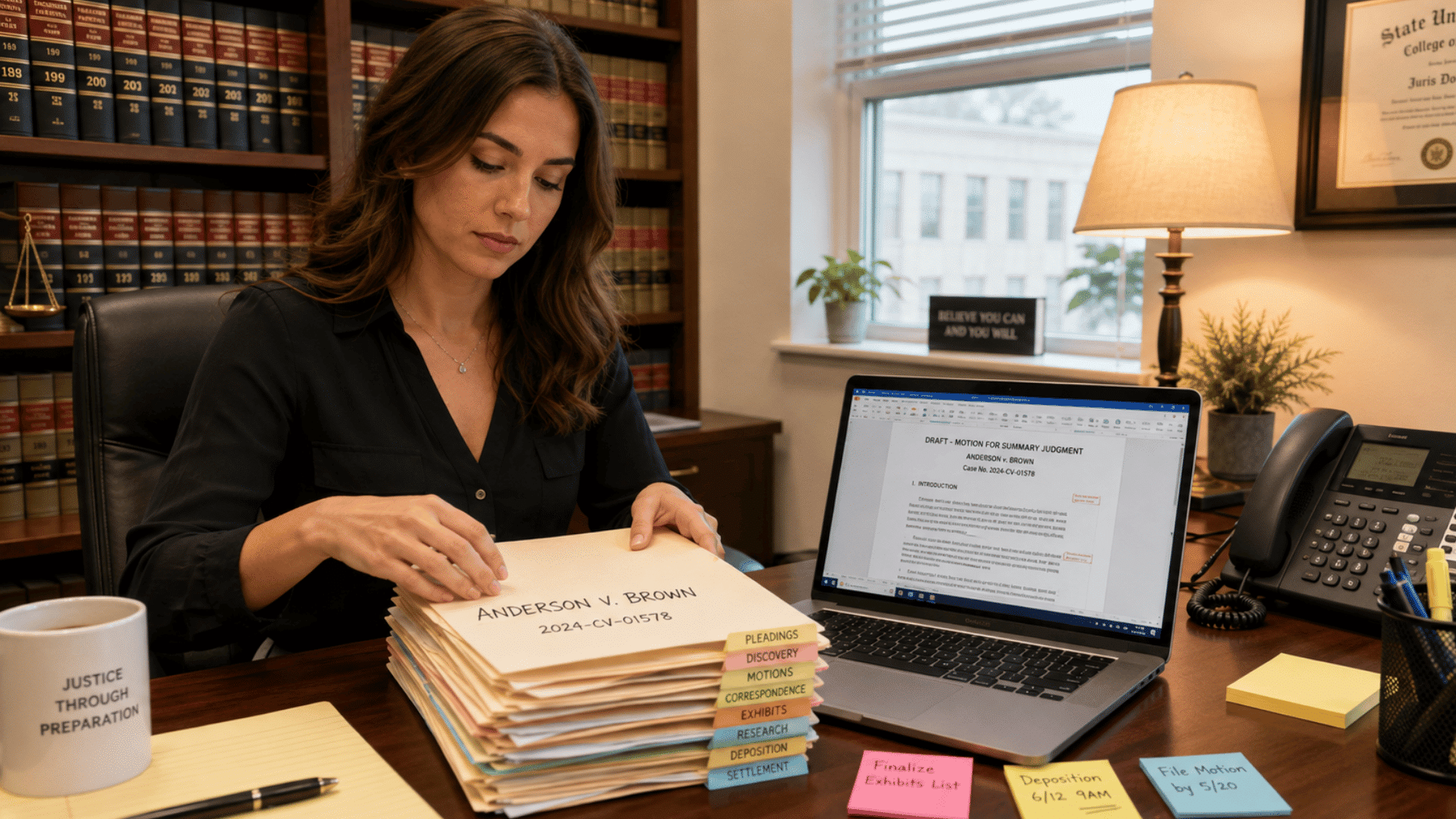 legal assistant organizing tabbed case folders at a desk in a law office with a laptop