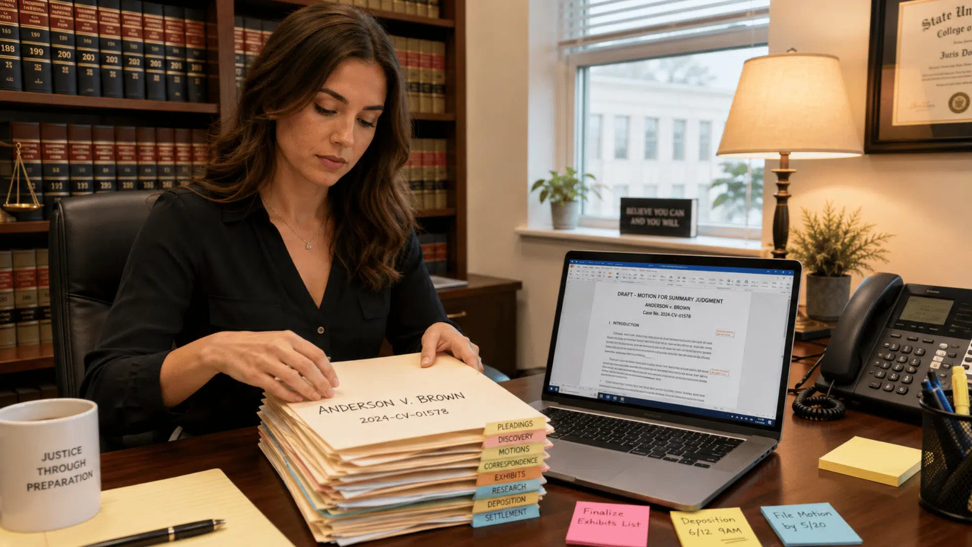 legal assistant organizing tabbed case folders at a desk in a law office with a laptop