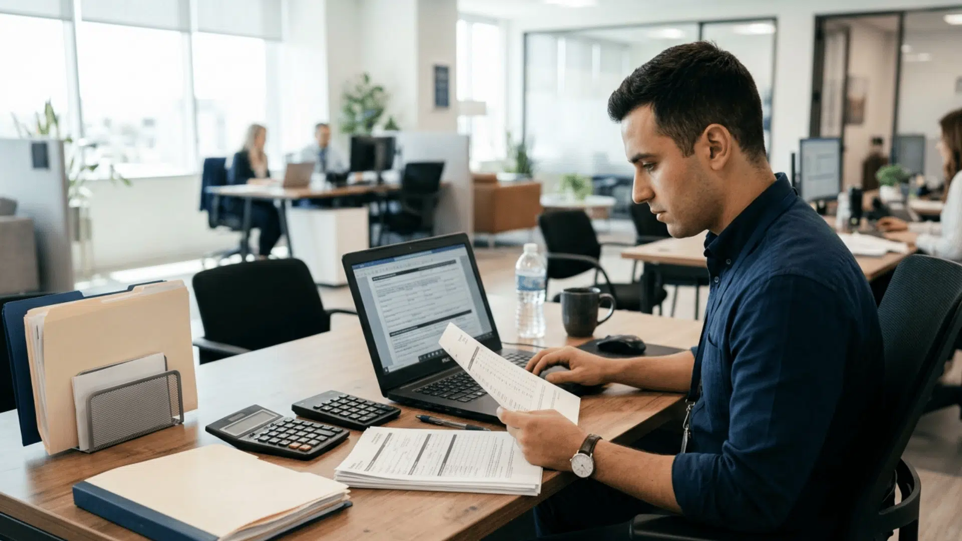 loan clerk reviewing borrower documents and application at a modern office desk