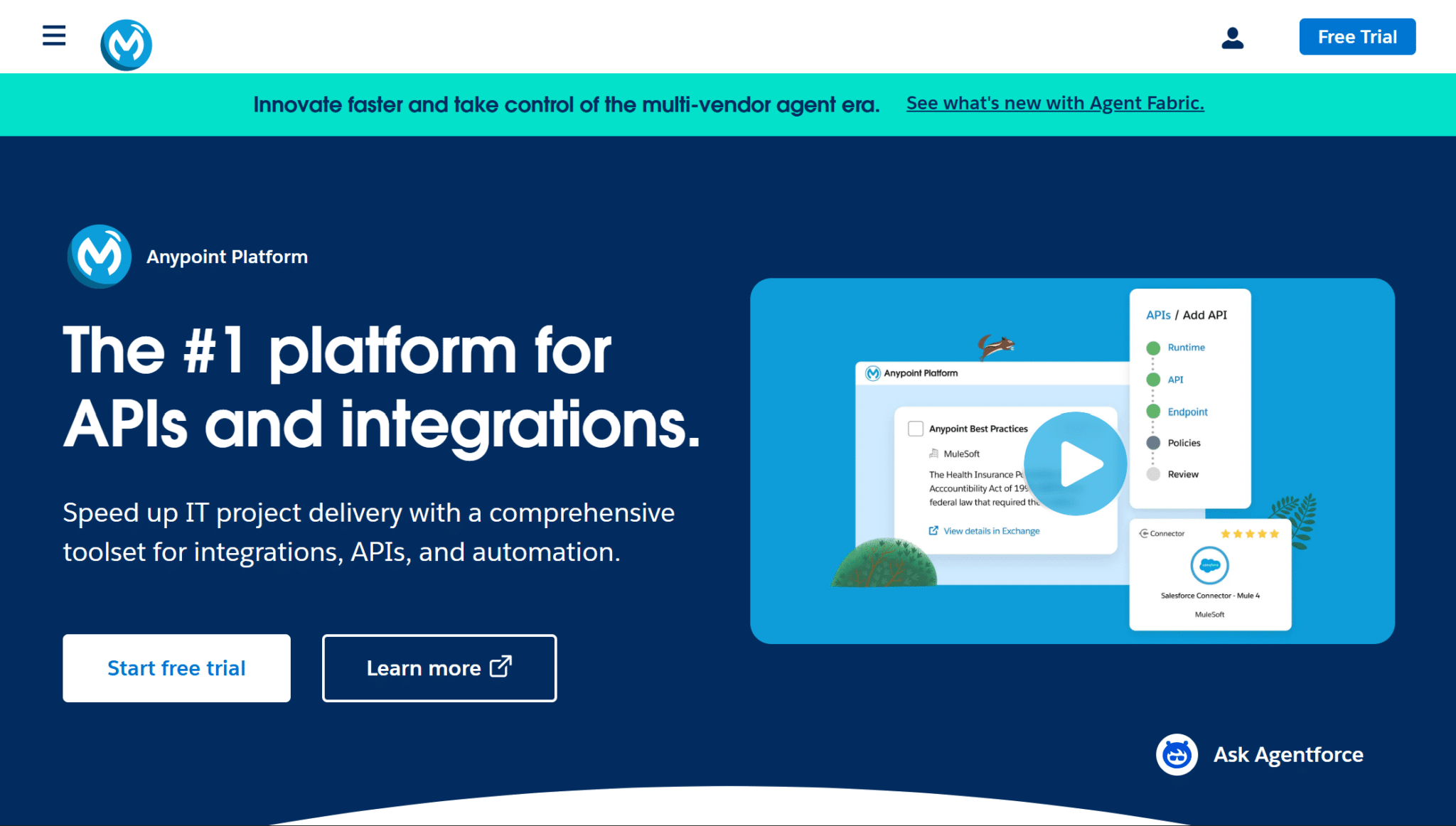 mule api integration platform webpage showing apis automation tools and integration solutions overview