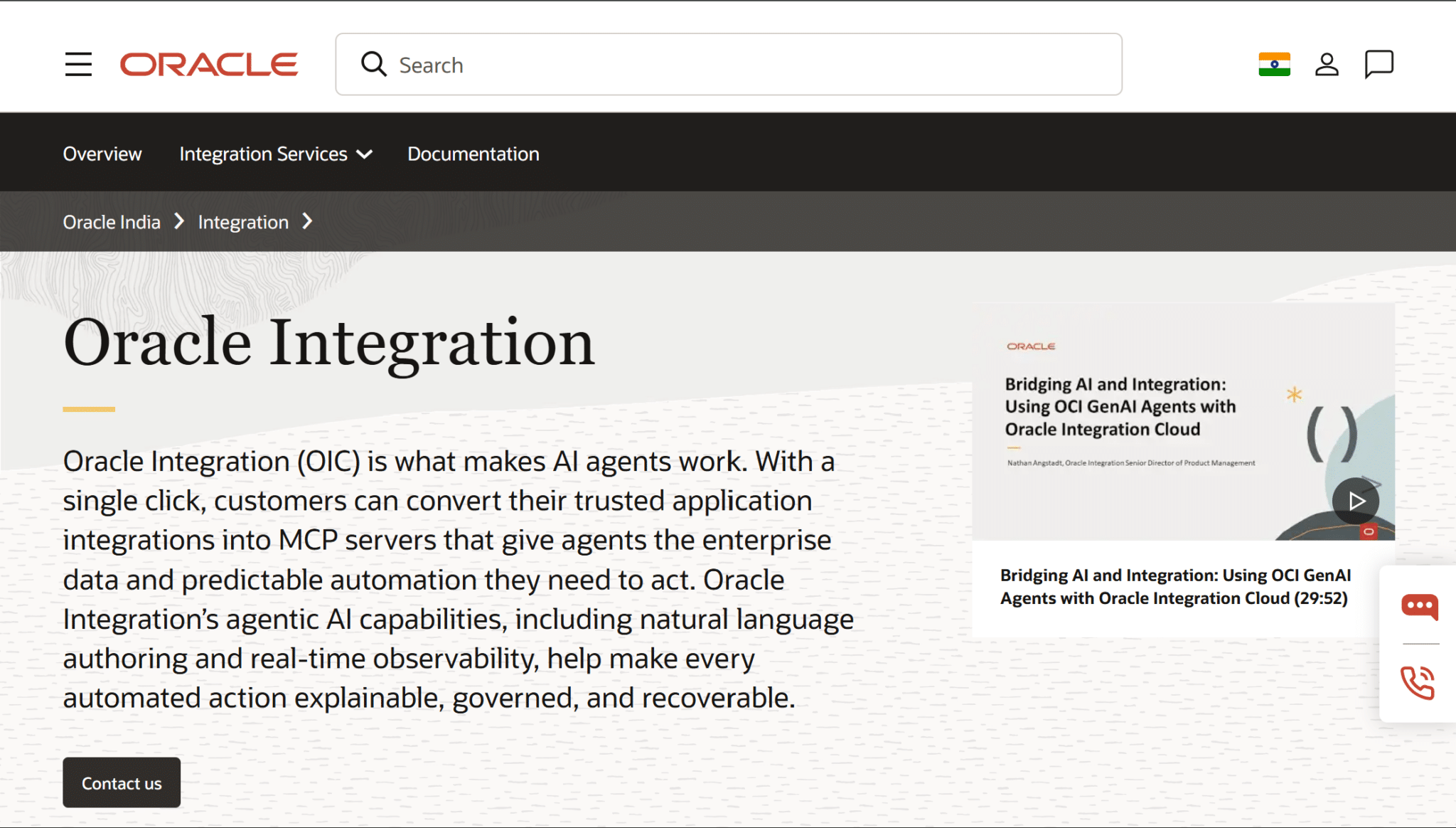 oracle integration cloud webpage showing ai integration services automation and enterprise application connectivity features