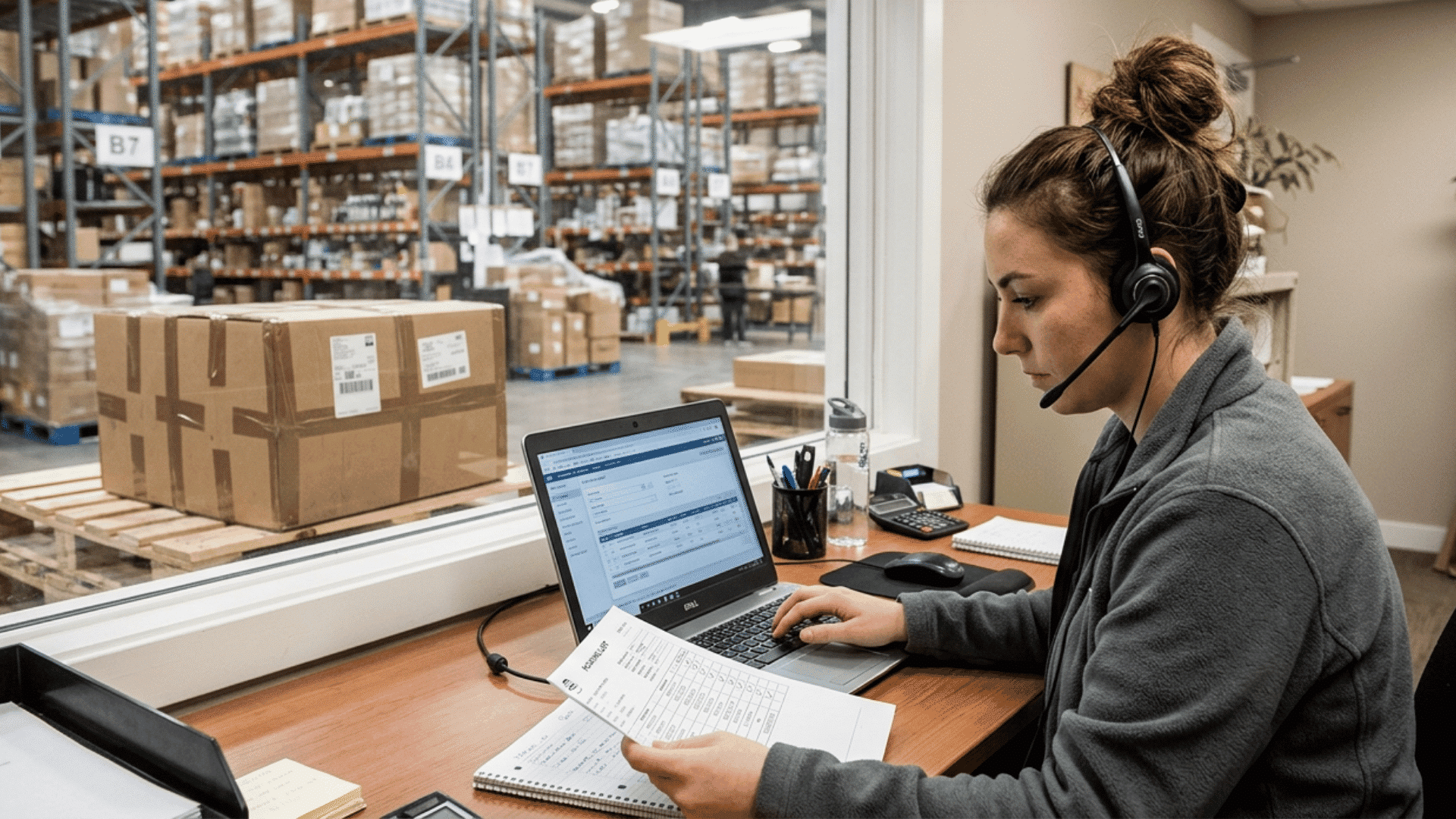 order processing clerk entering an order on a laptop inside a distribution centre office