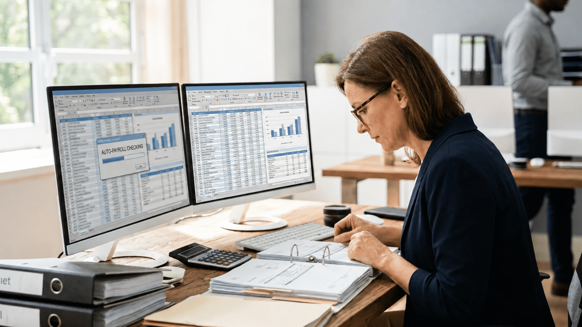 payroll clerk reviews staff wages and billing records while automated software checks data
