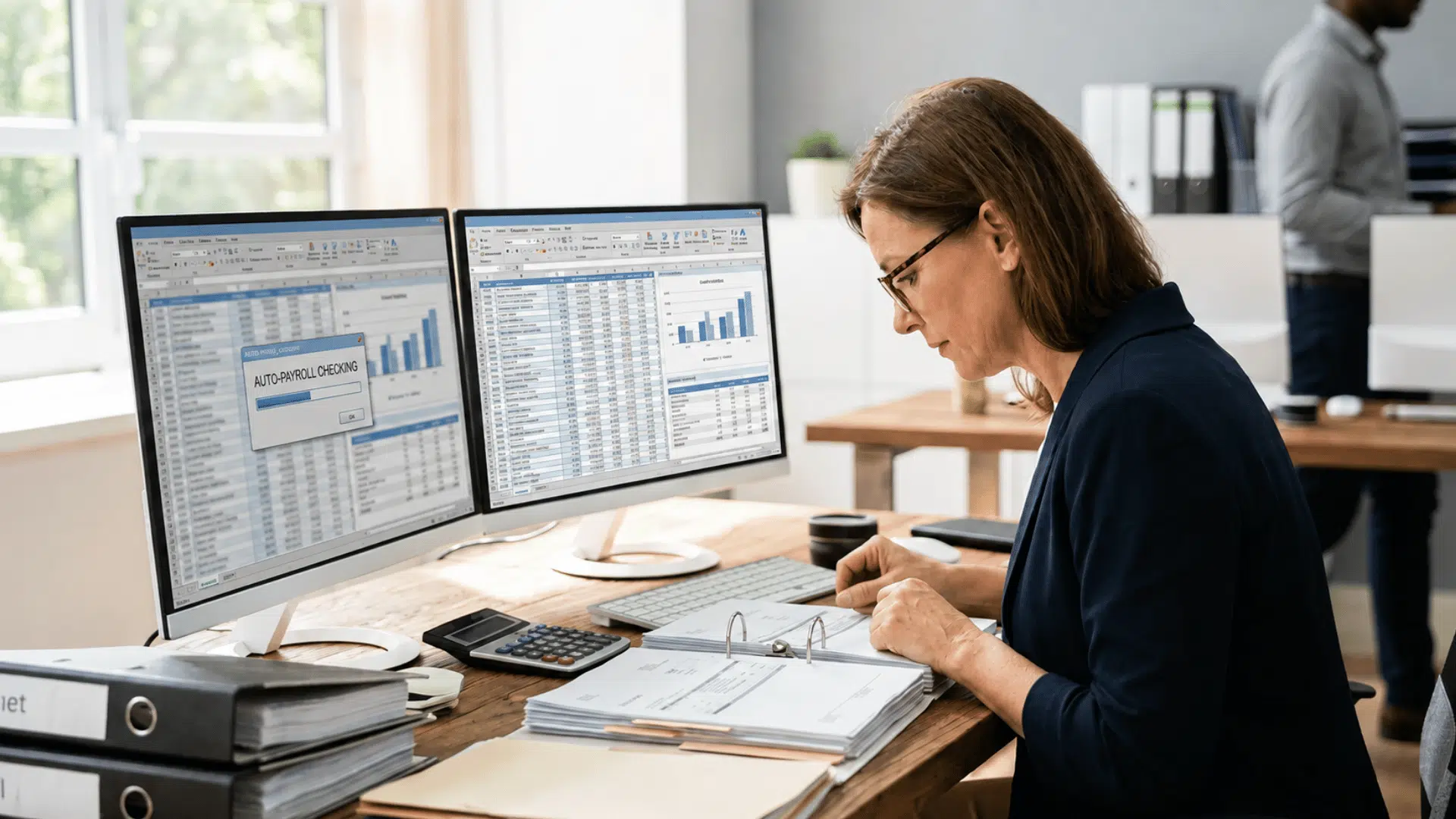payroll clerk reviews staff wages and billing records while automated software checks data