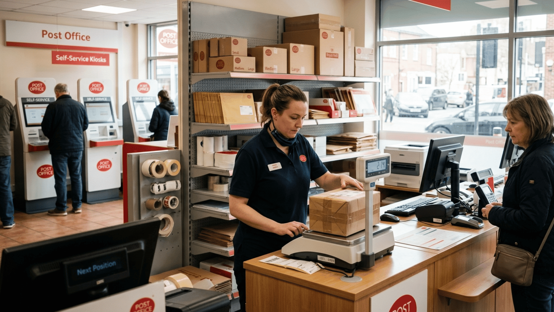 postal clerk weighing a parcel at a counter with self service kiosks in the background