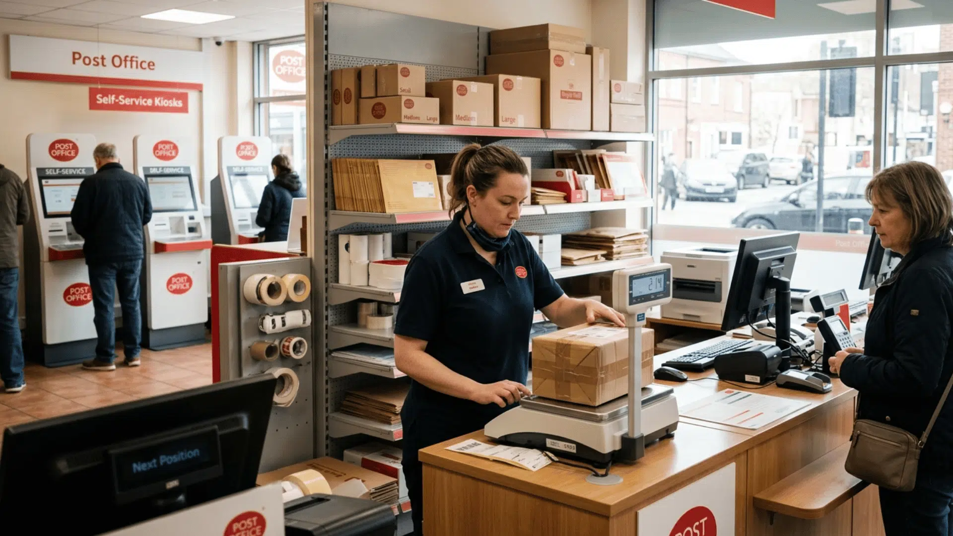 postal clerk weighing a parcel at a counter with self service kiosks in the background