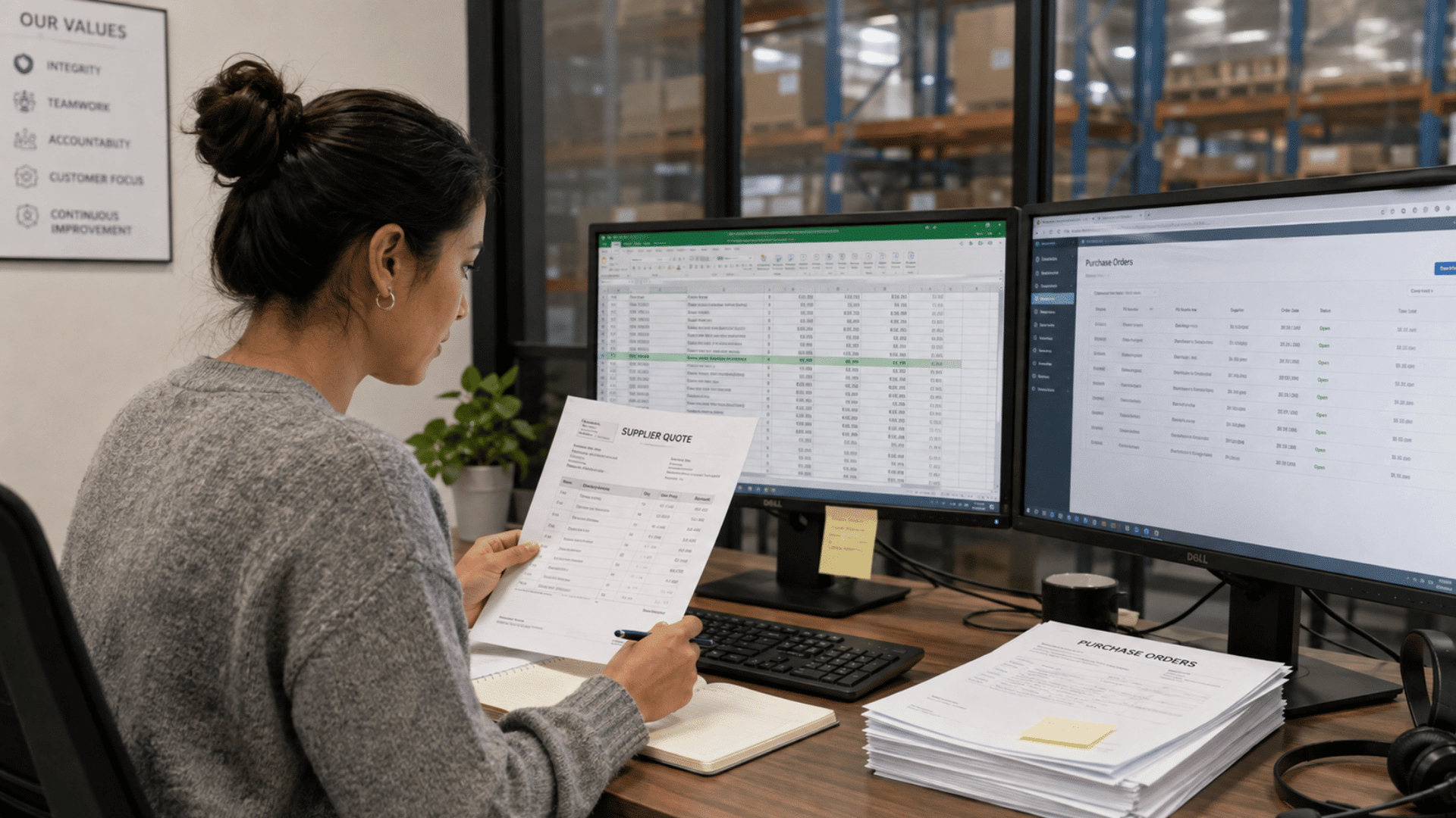 procurement clerk comparing supplier quotes on screen with purchase orders on the desk