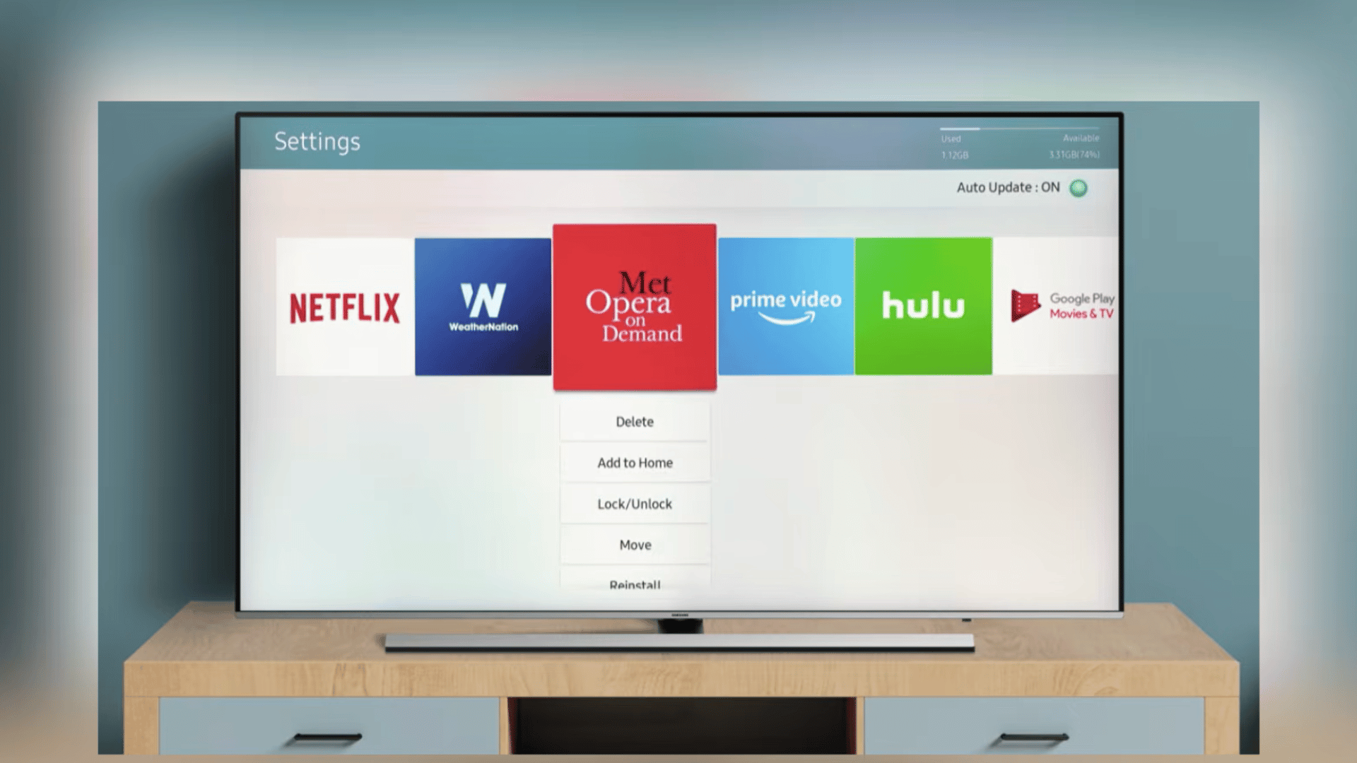 samsung tv apps menu showing removal of unused applications to free storage space