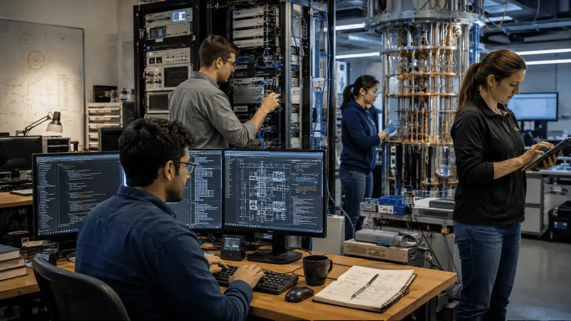 engineers and researchers working with computers and laboratory equipment