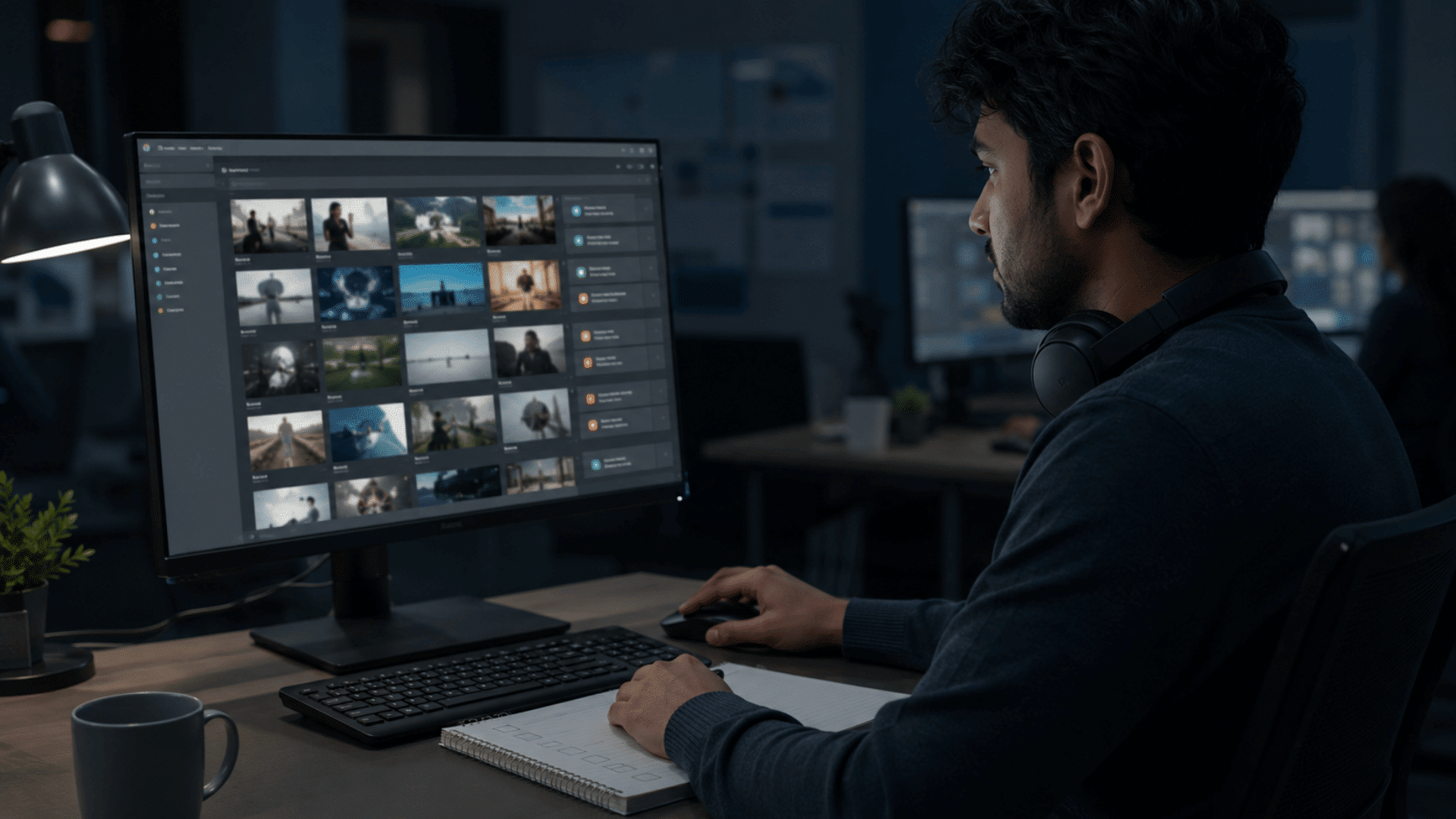 content reviewer working through a moderation queue on a monitor in a quiet office