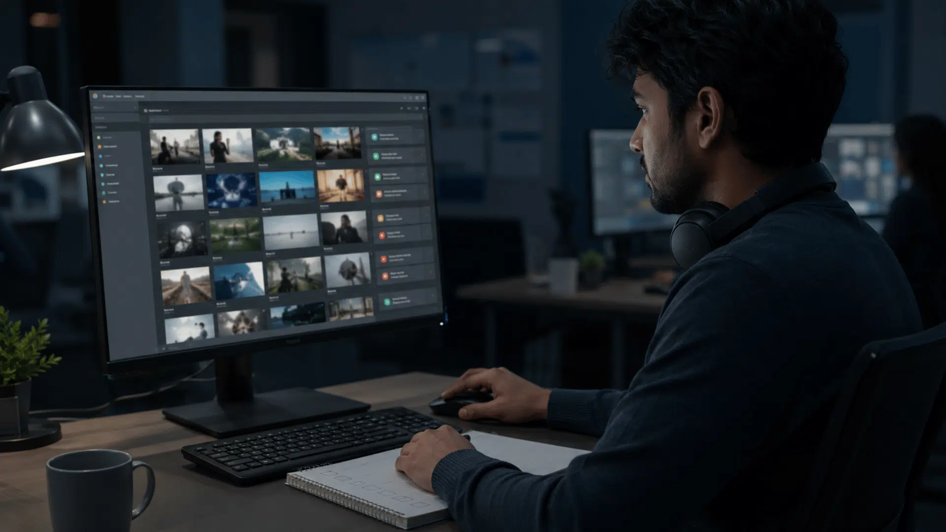 content reviewer working through a moderation queue on a monitor in a quiet office