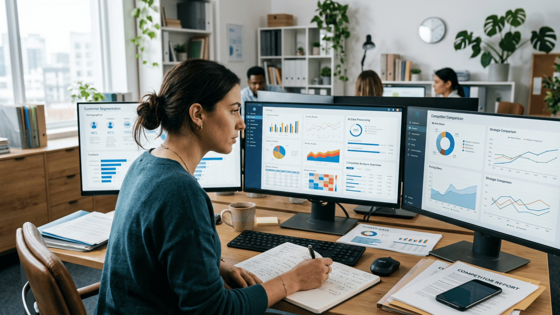 market research worker studies surveys as ai tools organize market data and prepare charts