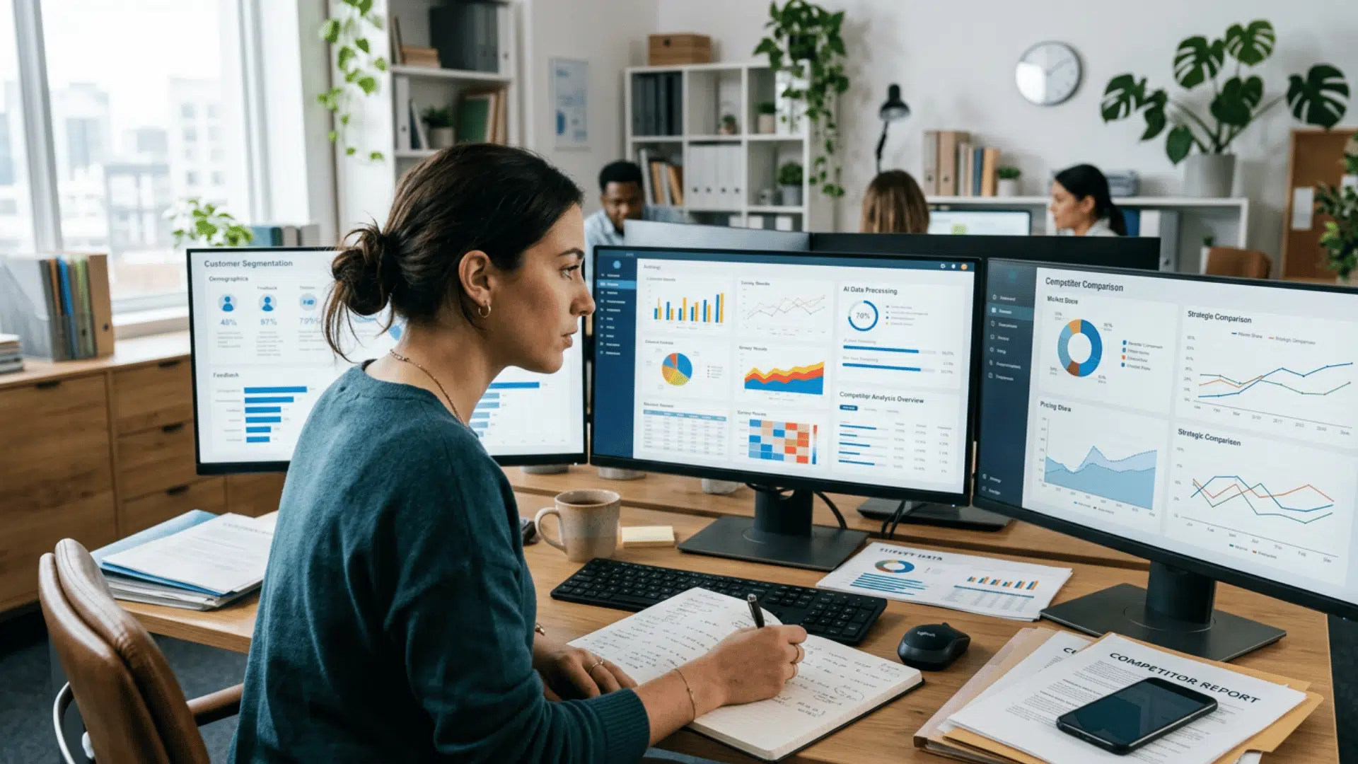 market research worker studies surveys as ai tools organize market data and prepare charts