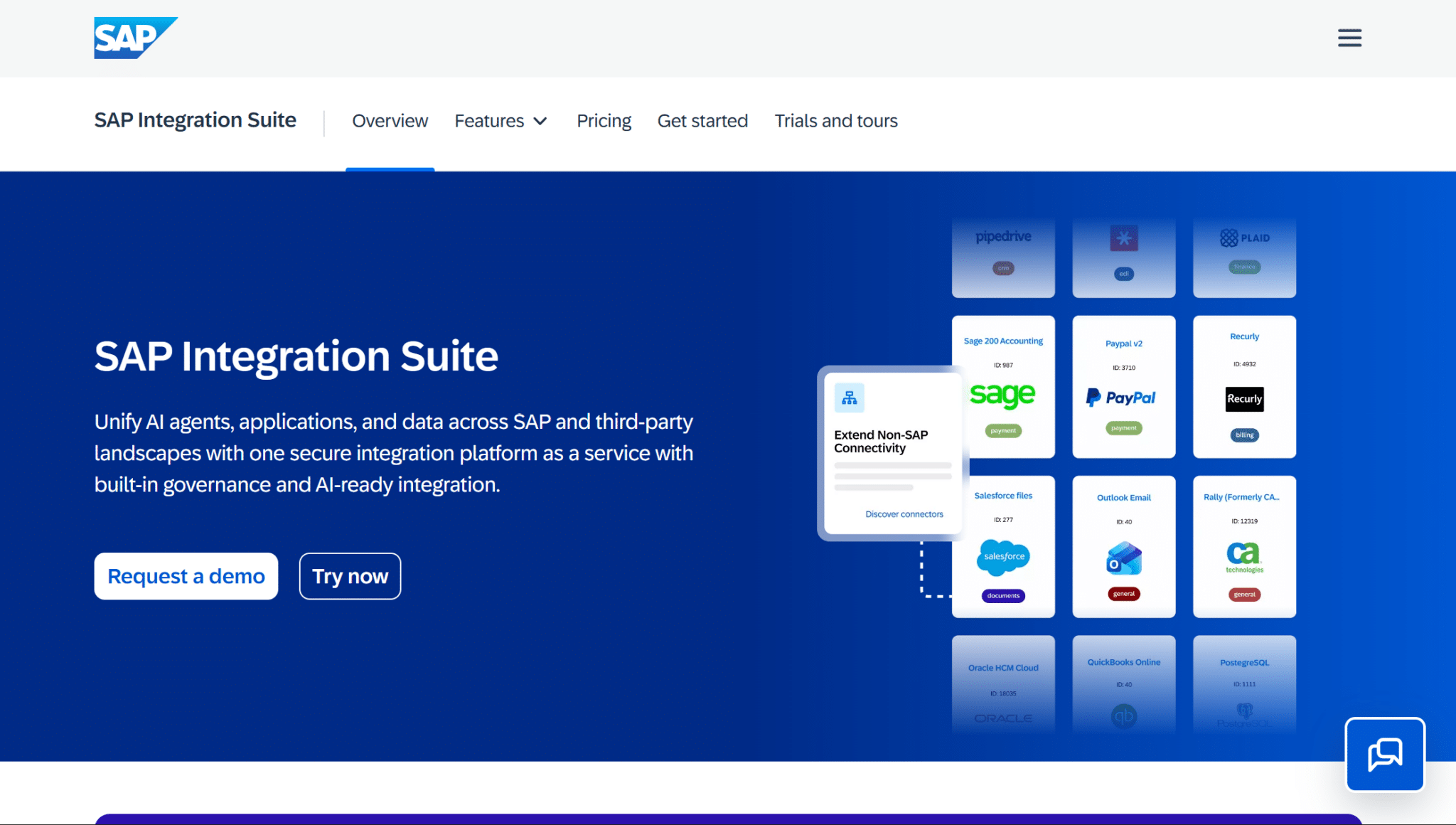 sap integration suite webpage showing cloud integration platform connectors and enterprise data management solutions