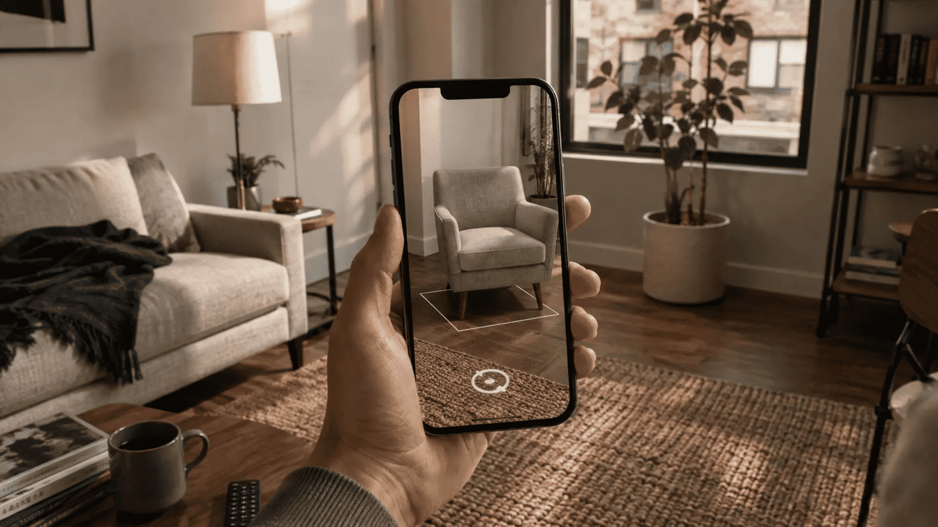 hand holding a smartphone scanning a living room with an ar chair placed digitally on the floor